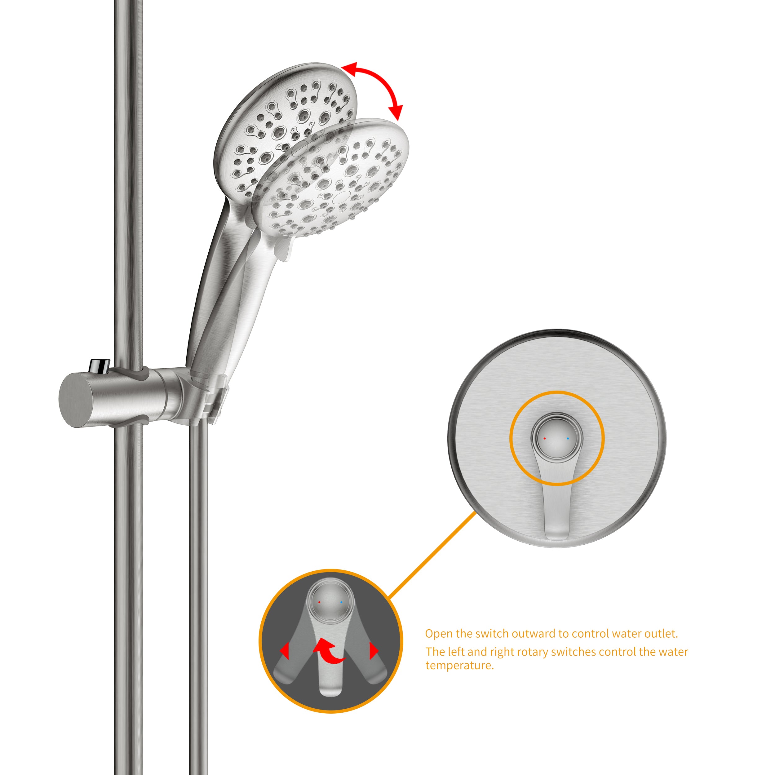 Wall-Mounted Round Shower System with Rough-in Valve,6-Function Hand Shower