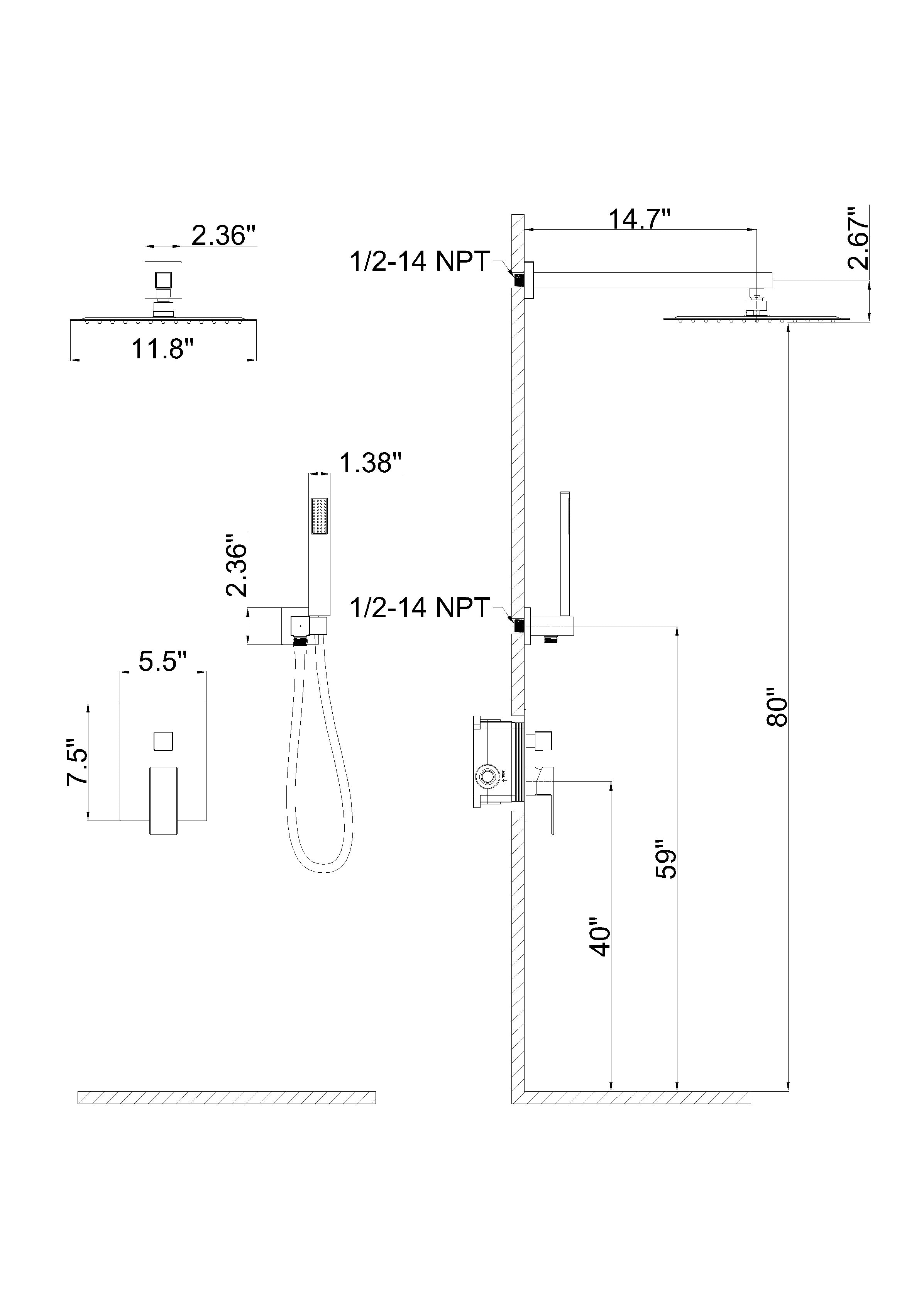 Wall-Mounted Square Shower System with Rough-in Valve