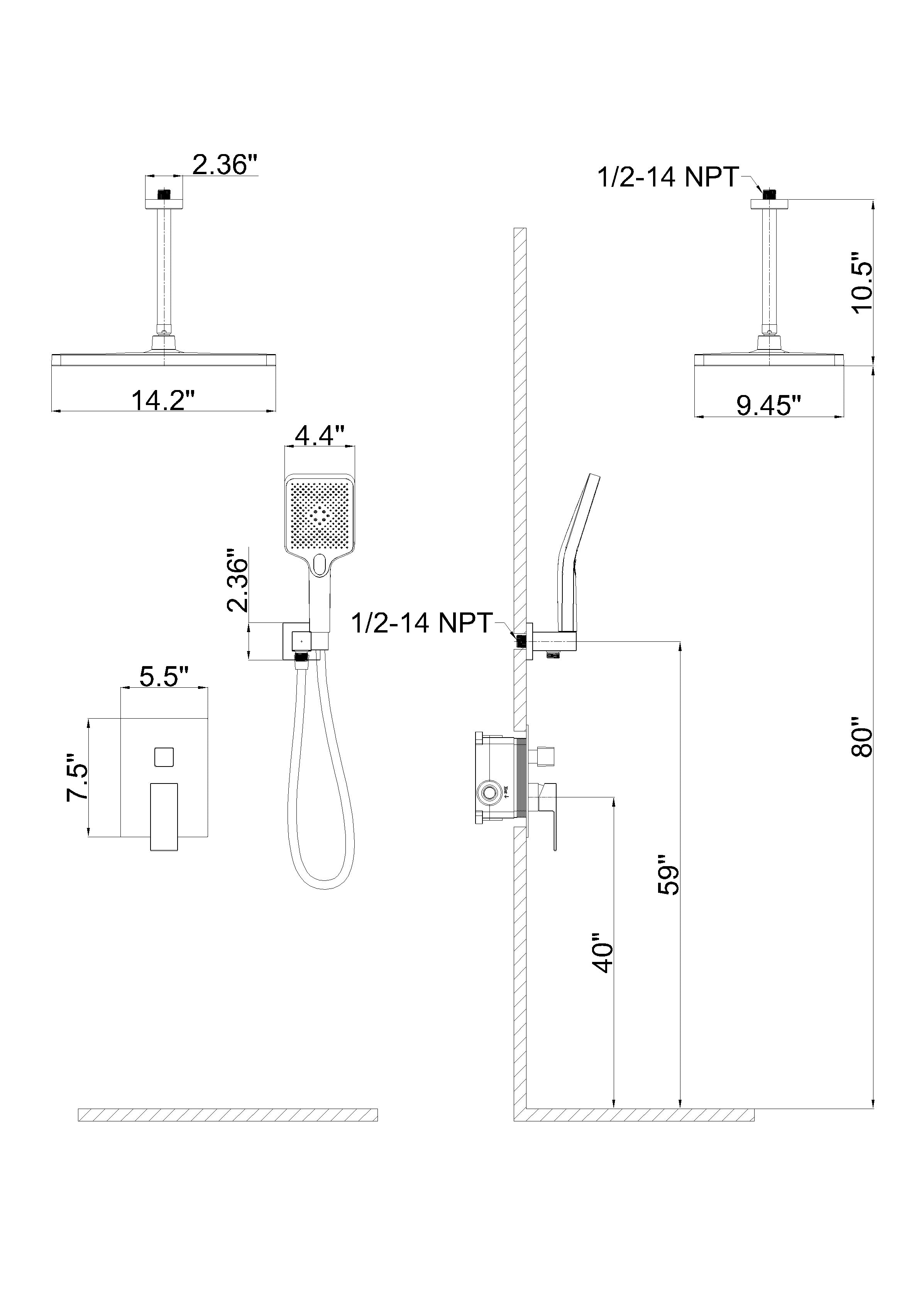 Wall-Mounted Square Shower System with Rough-in Valve,12 inch Square Large Panel