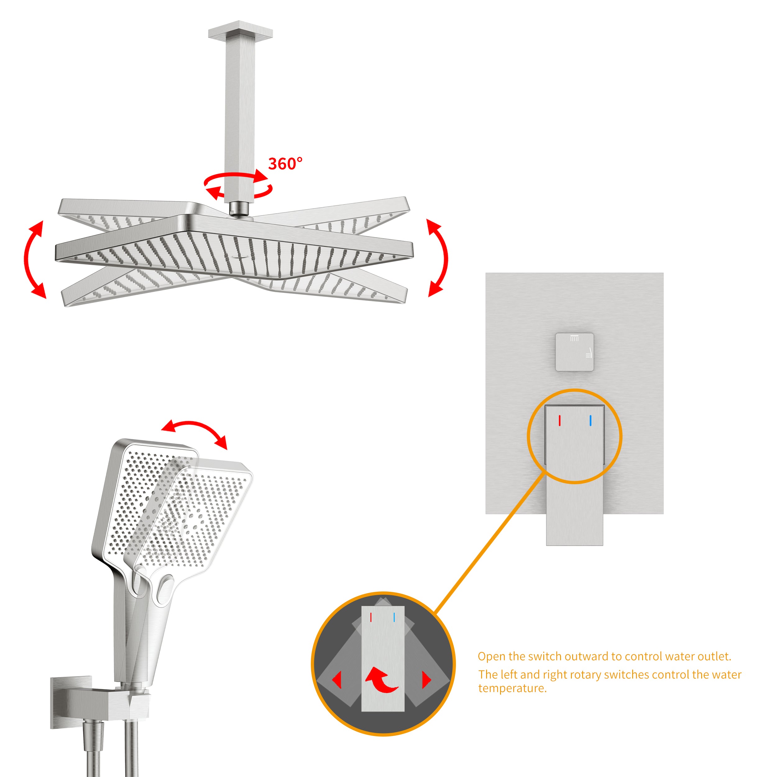 Wall-Mounted Square Shower System with Rough-in Valve,12 inch Square Large Panel