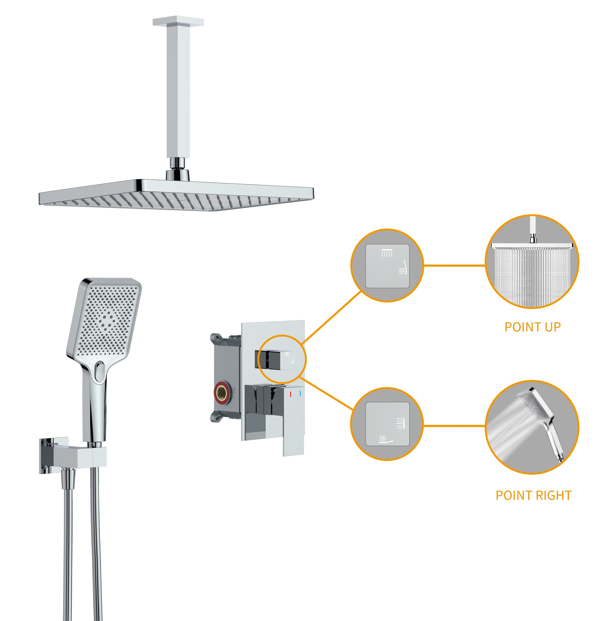 Wall-Mounted Square Shower System with Rough-in Valve,12 inch Square Large Panel