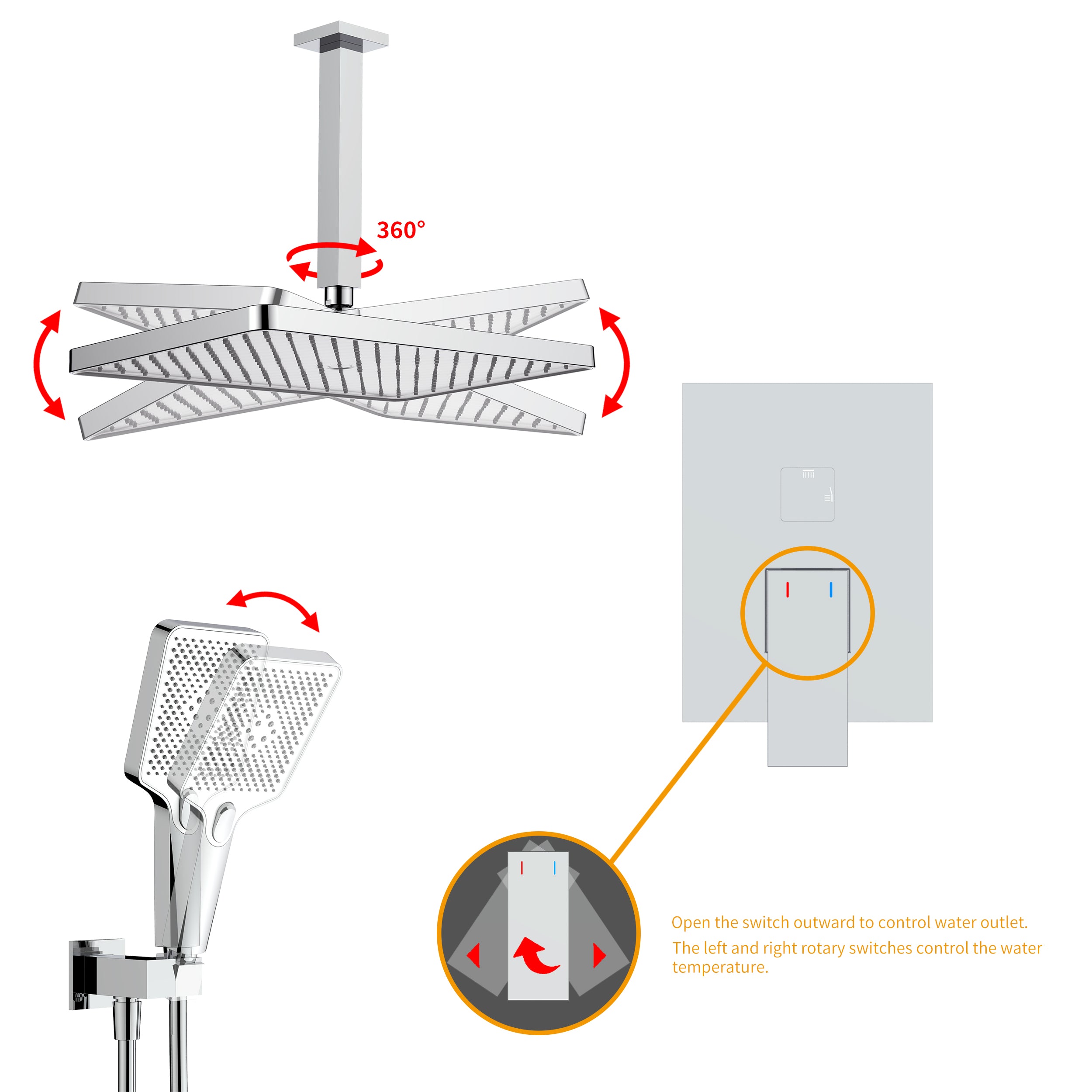 Wall-Mounted Square Shower System with Rough-in Valve,12 inch Square Large Panel