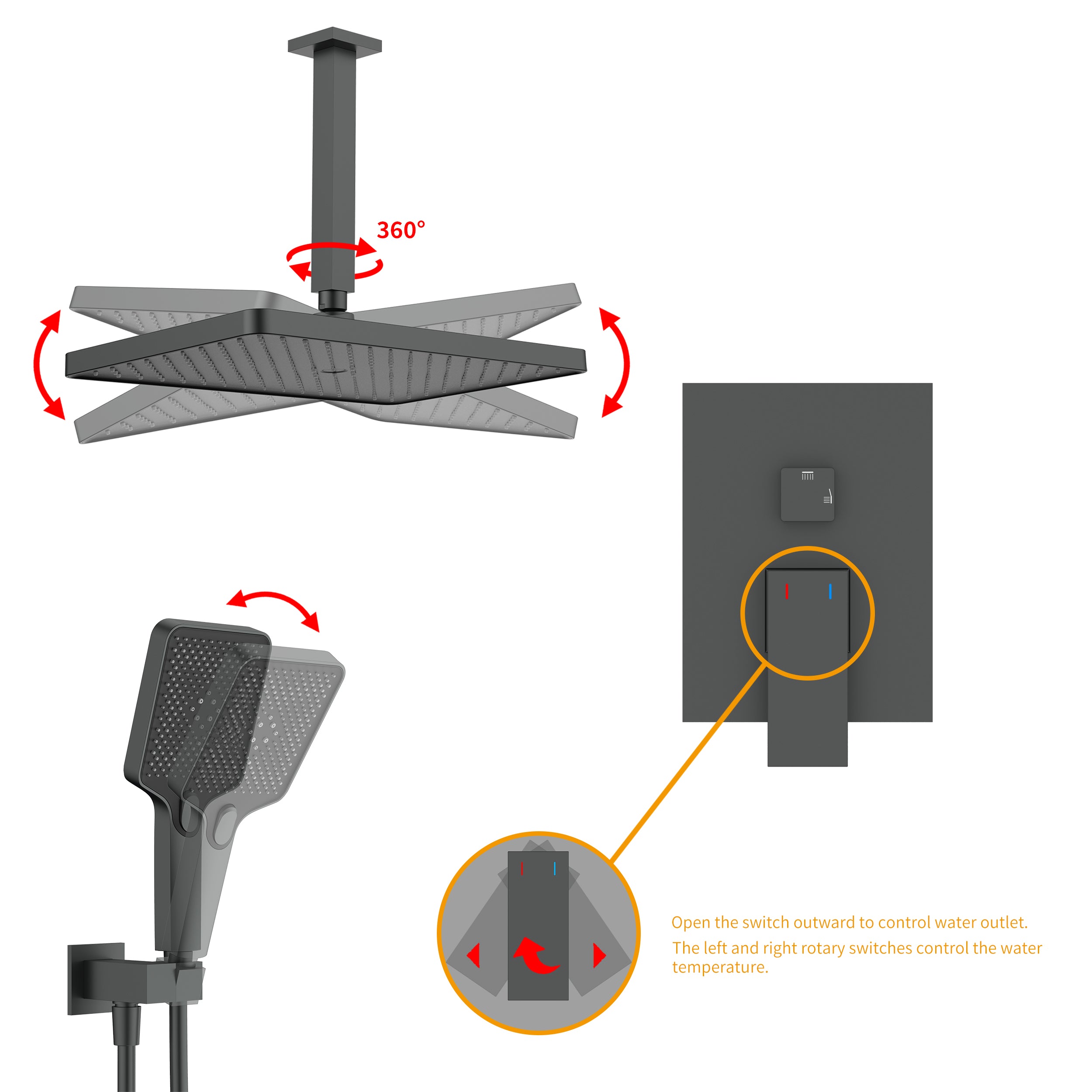 Wall-Mounted Square Shower System with Rough-in Valve,12 inch Square Large Panel