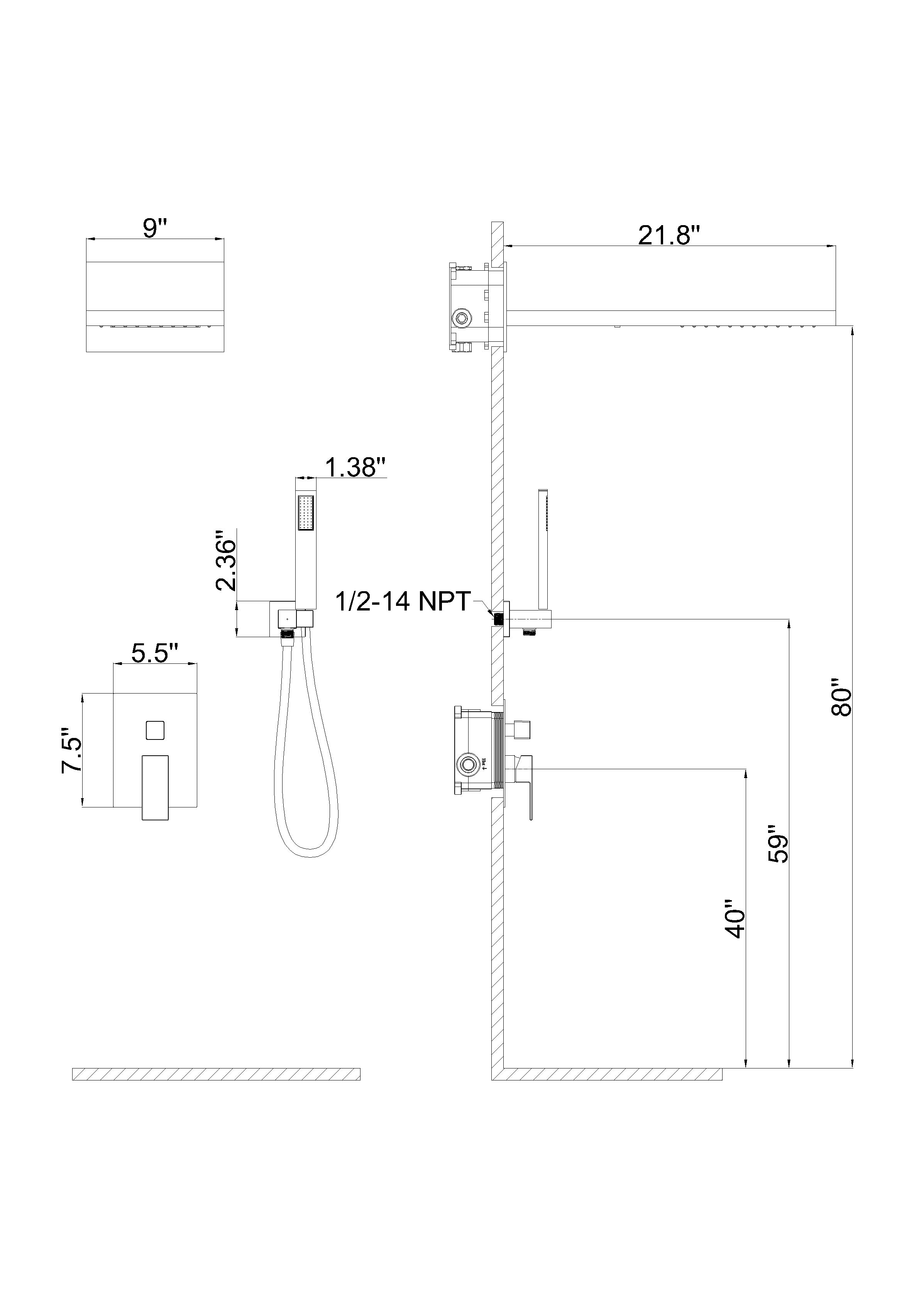 Wall-Mounted Rain Shower head Shower System with Rough-in Valve,22 inch square large panel