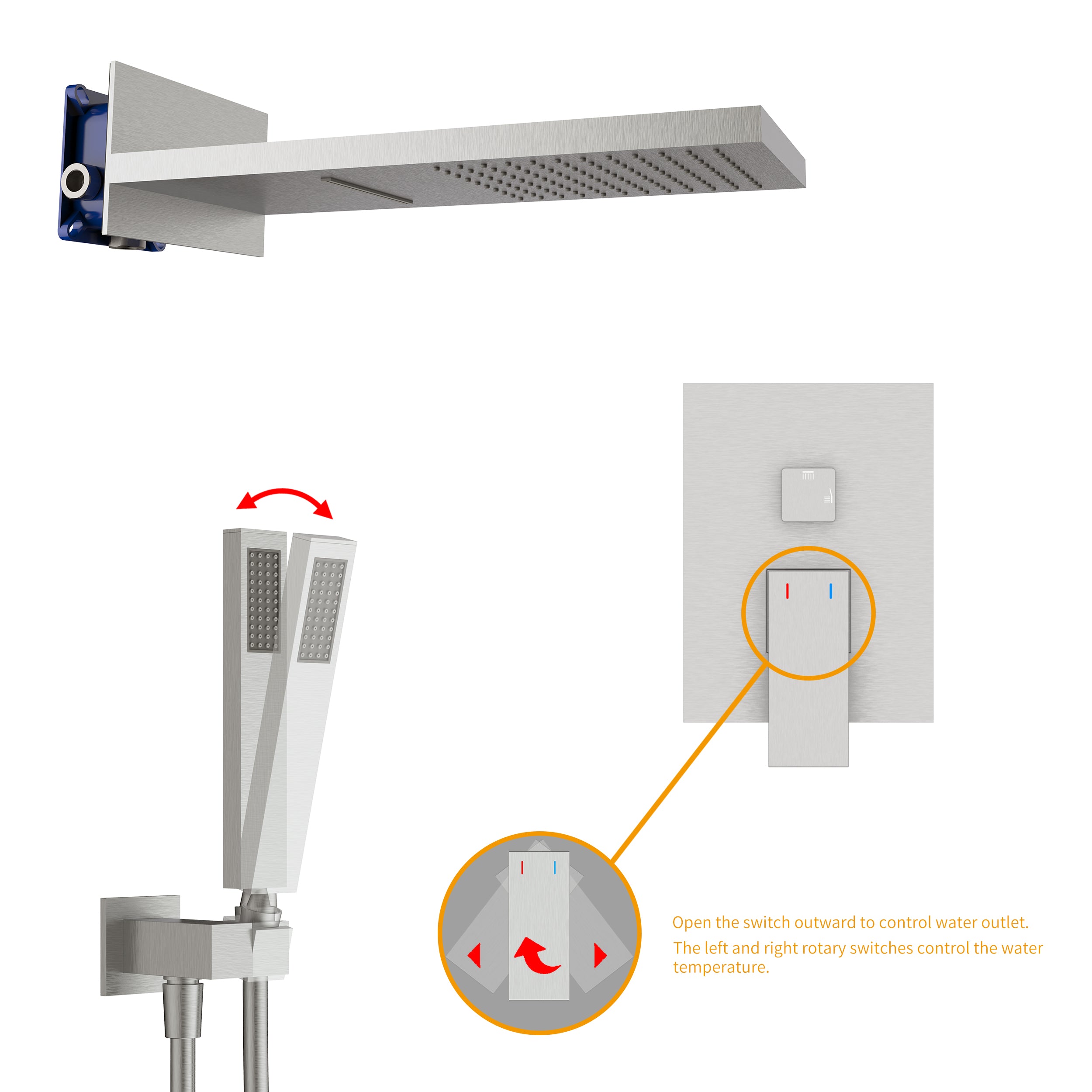 Wall-Mounted Rain Shower head Shower System with Rough-in Valve,22 inch square large panel