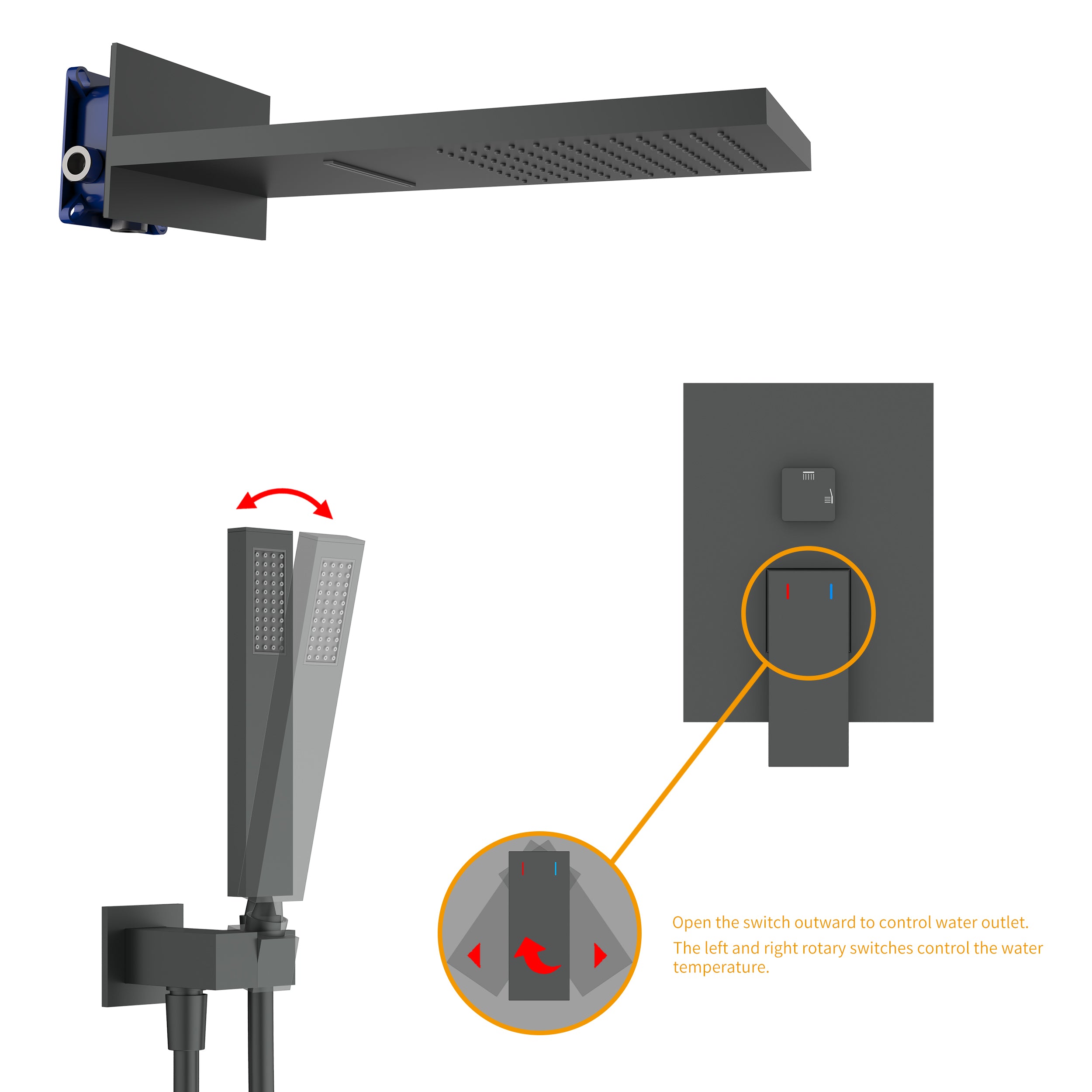 Wall-Mounted Rain Shower head Shower System with Rough-in Valve,22 inch square large panel