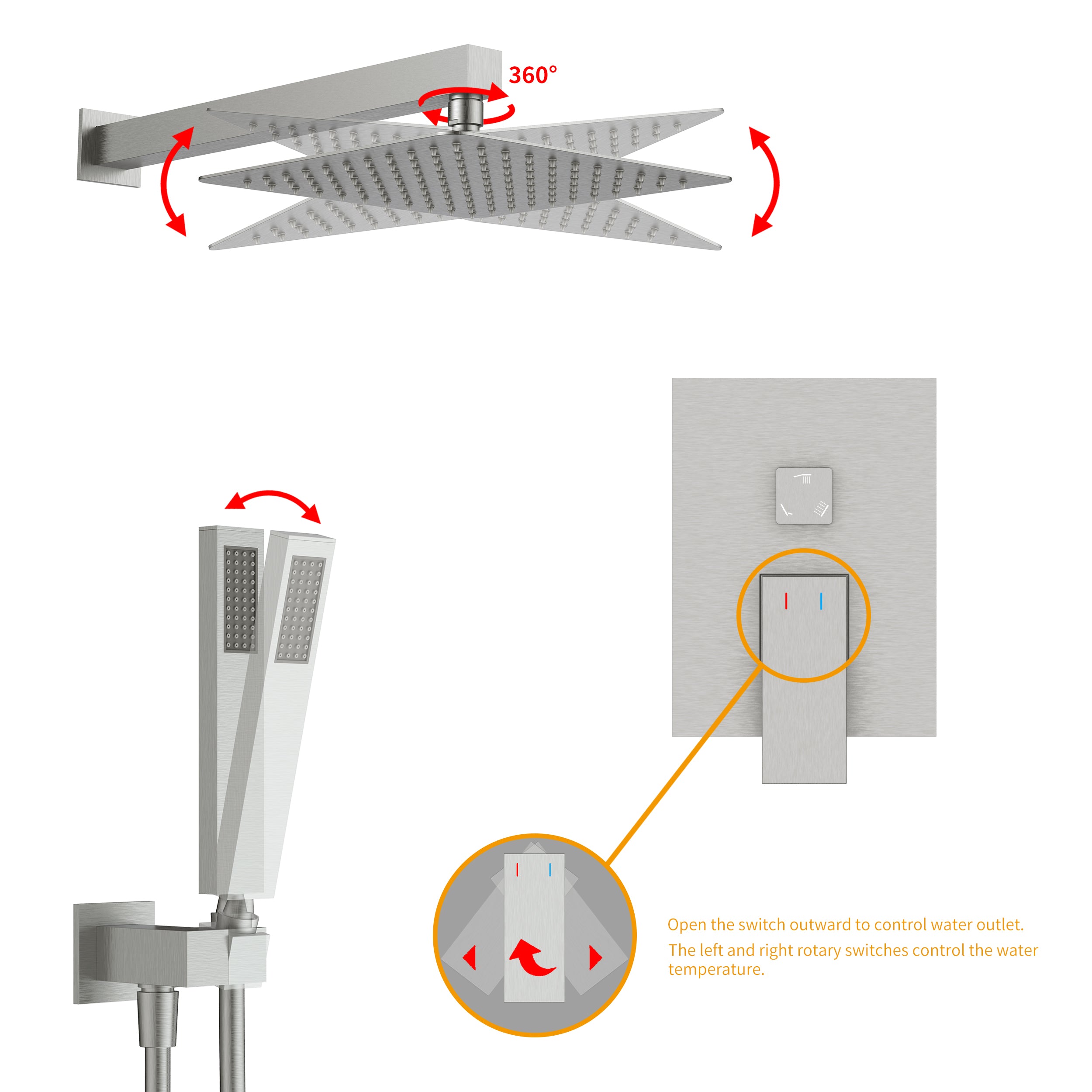 Wall-Mounted Square Shower System with Rough-in Valve,12 inch square large panel