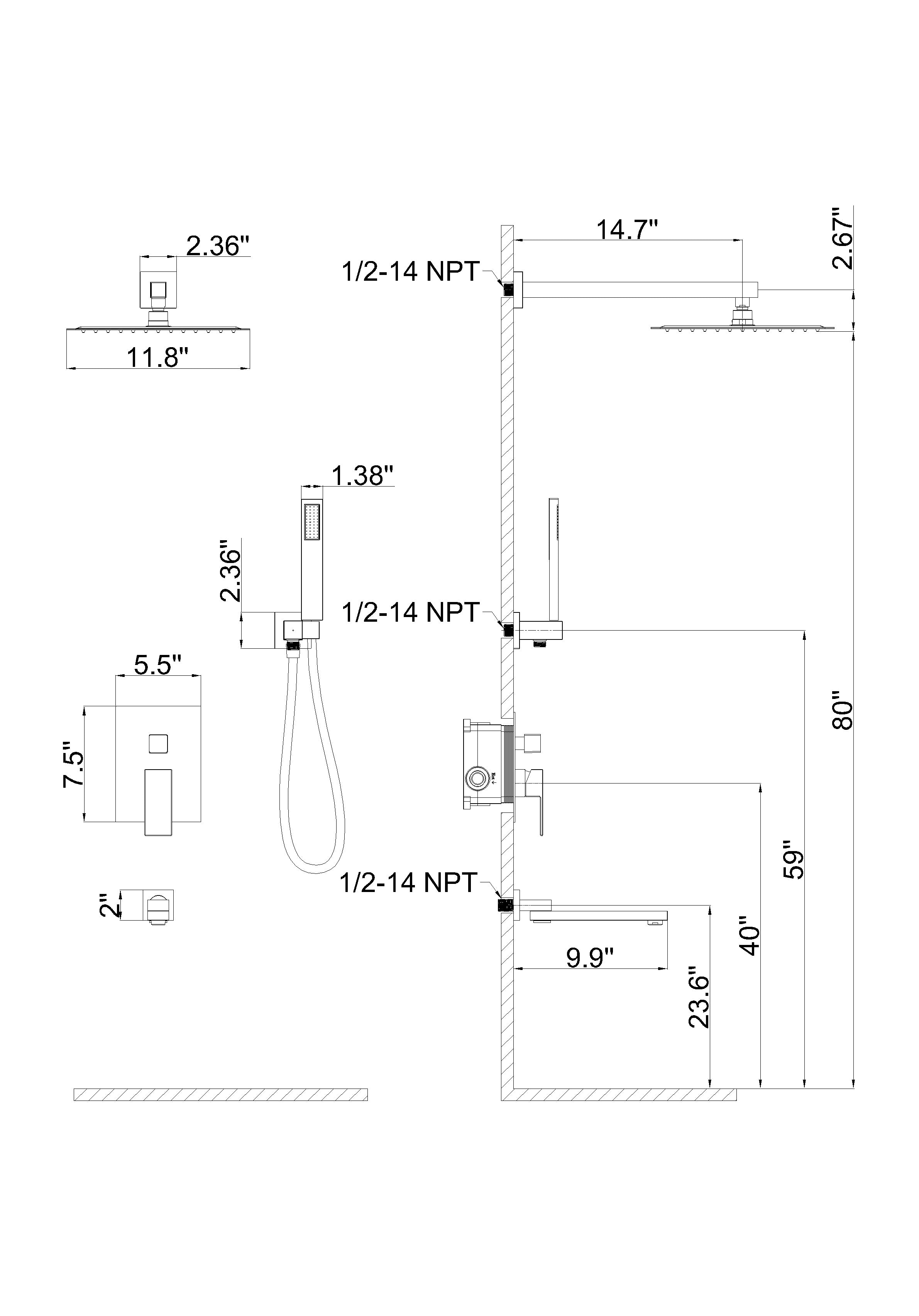 Wall-Mounted Square Shower System with Rough-in Valve,12 inch square large panel