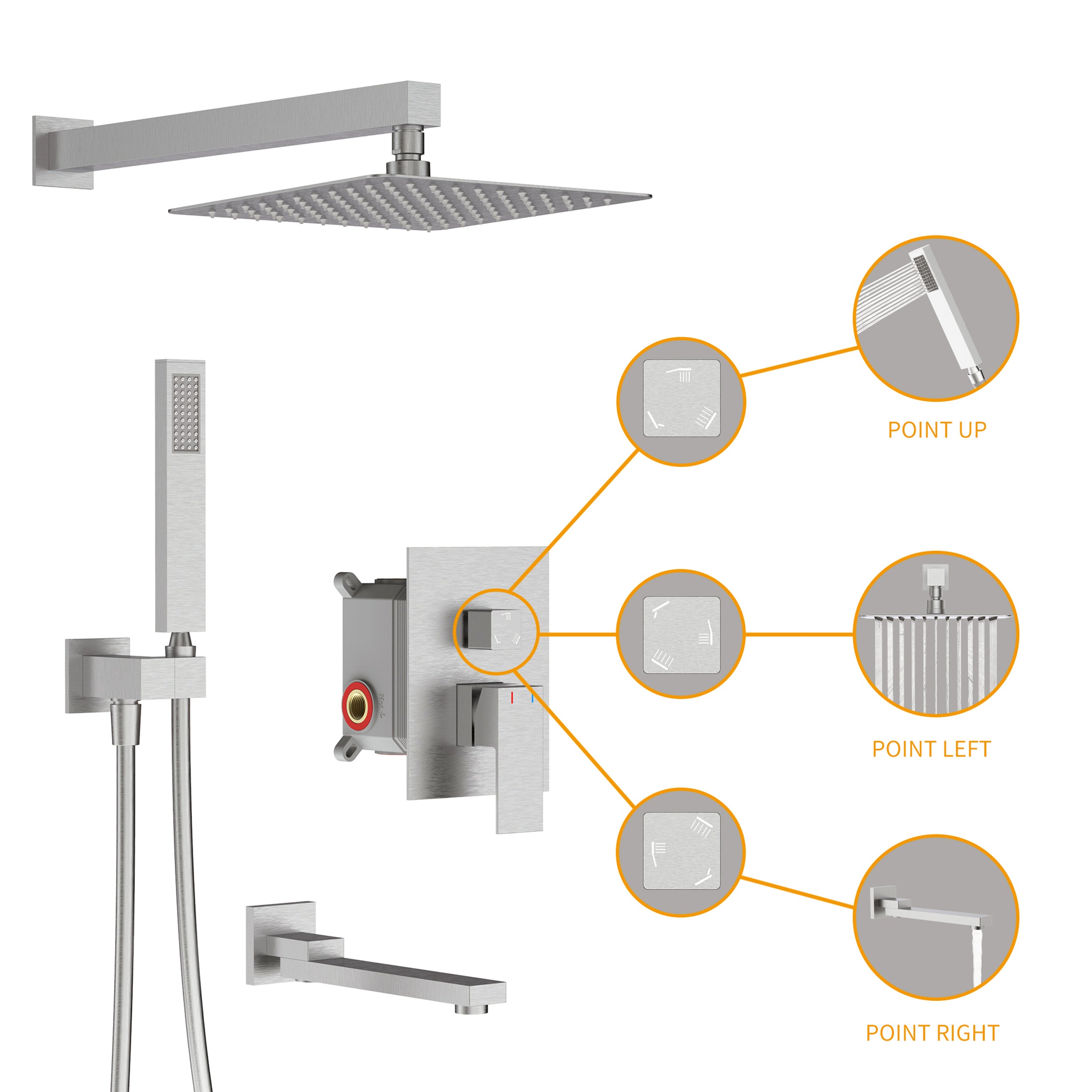 Wall-Mounted Square Shower System with Rough-in Valve,12 inch square large panel