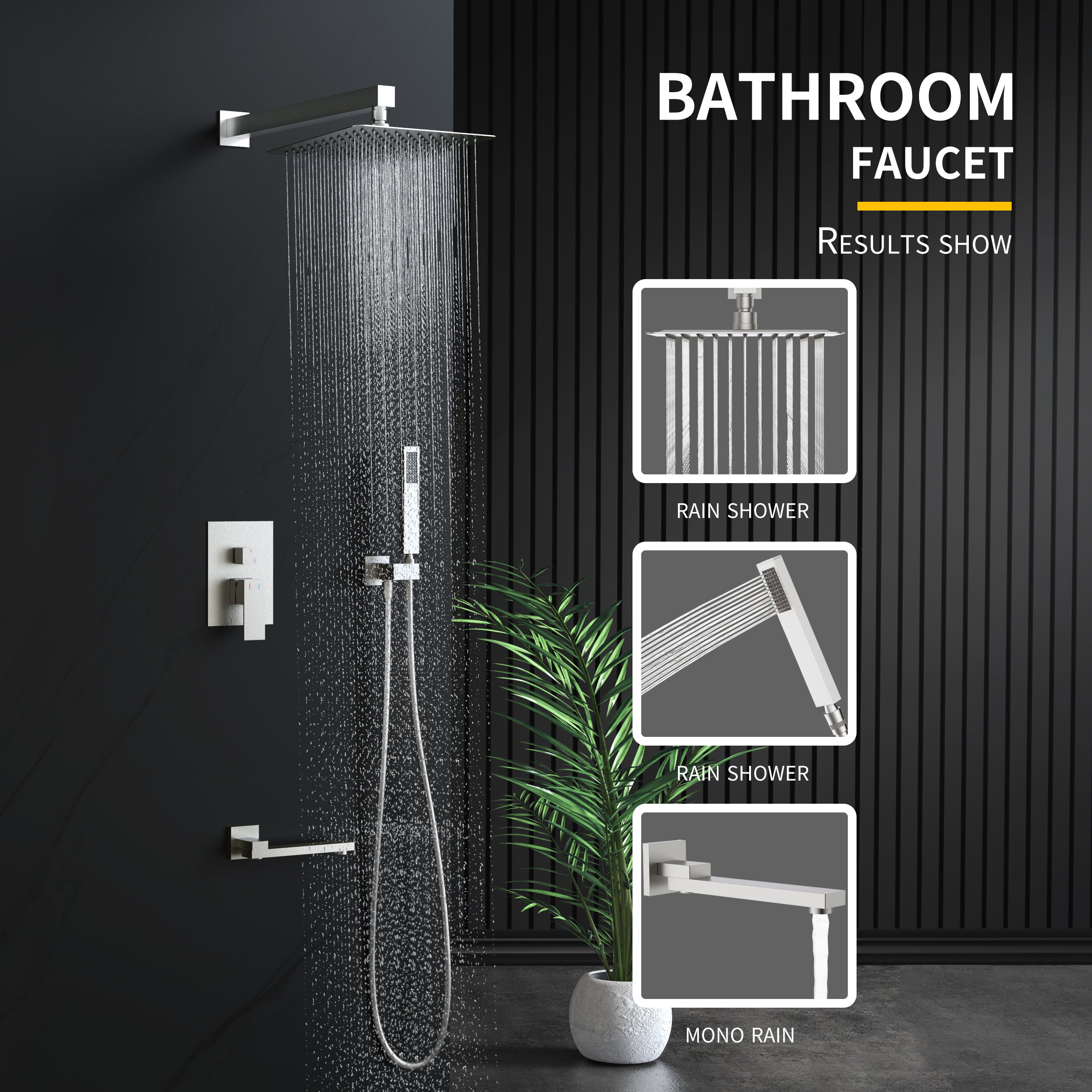 Wall-Mounted Square Shower System with Rough-in Valve,12 inch square large panel