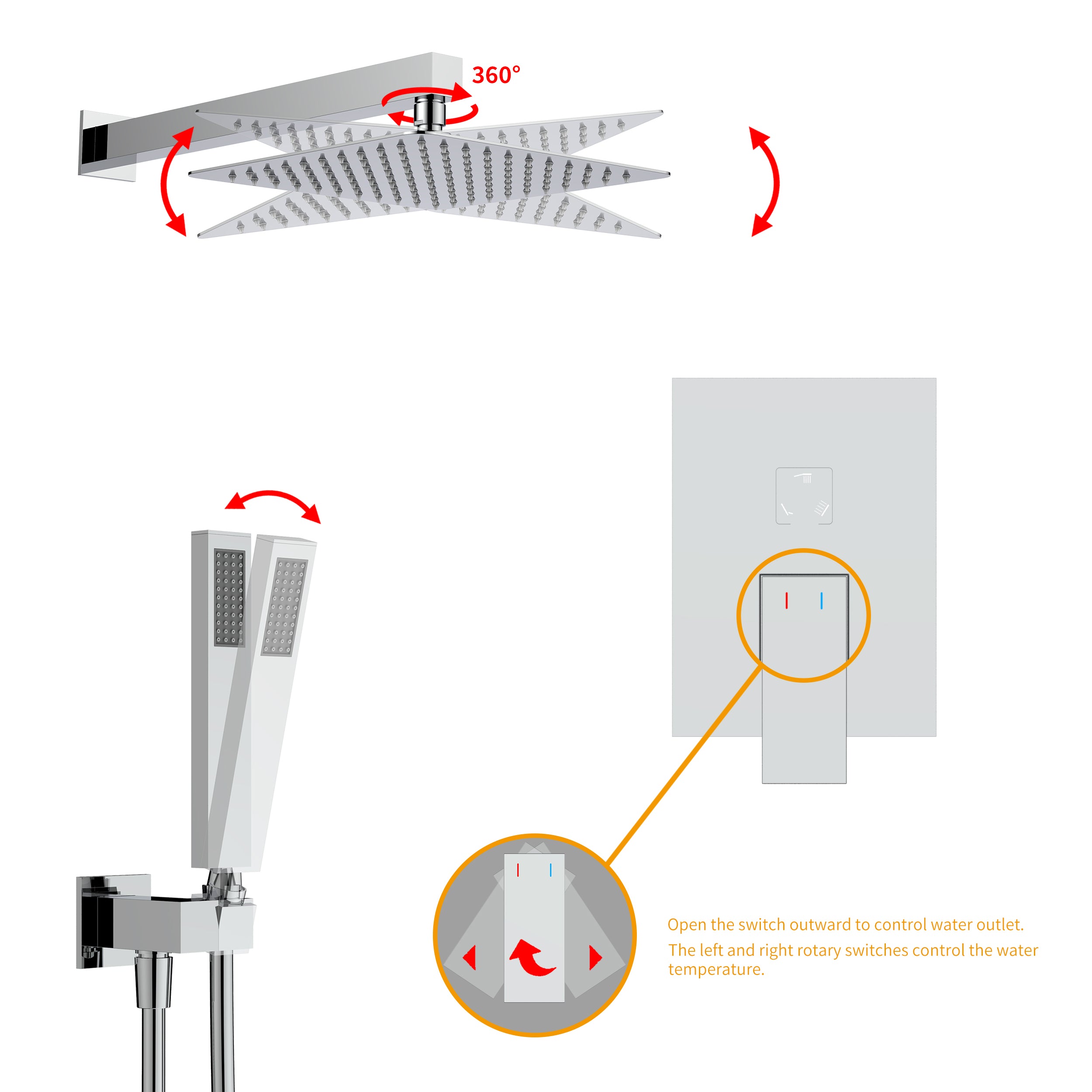 Wall-Mounted Square Shower System with Rough-in Valve,12 inch square large panel