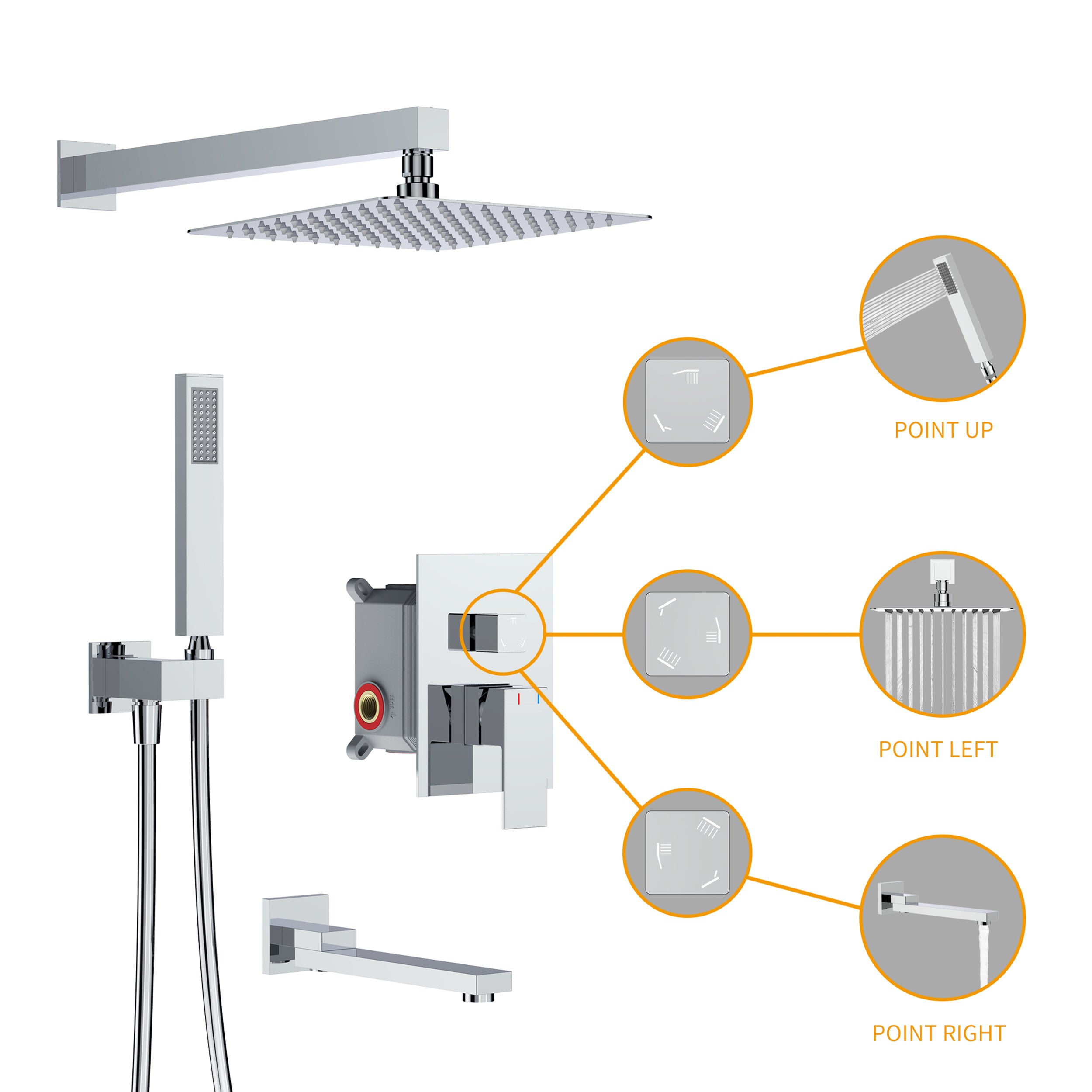 Wall-Mounted Square Shower System with Rough-in Valve,12 inch square large panel