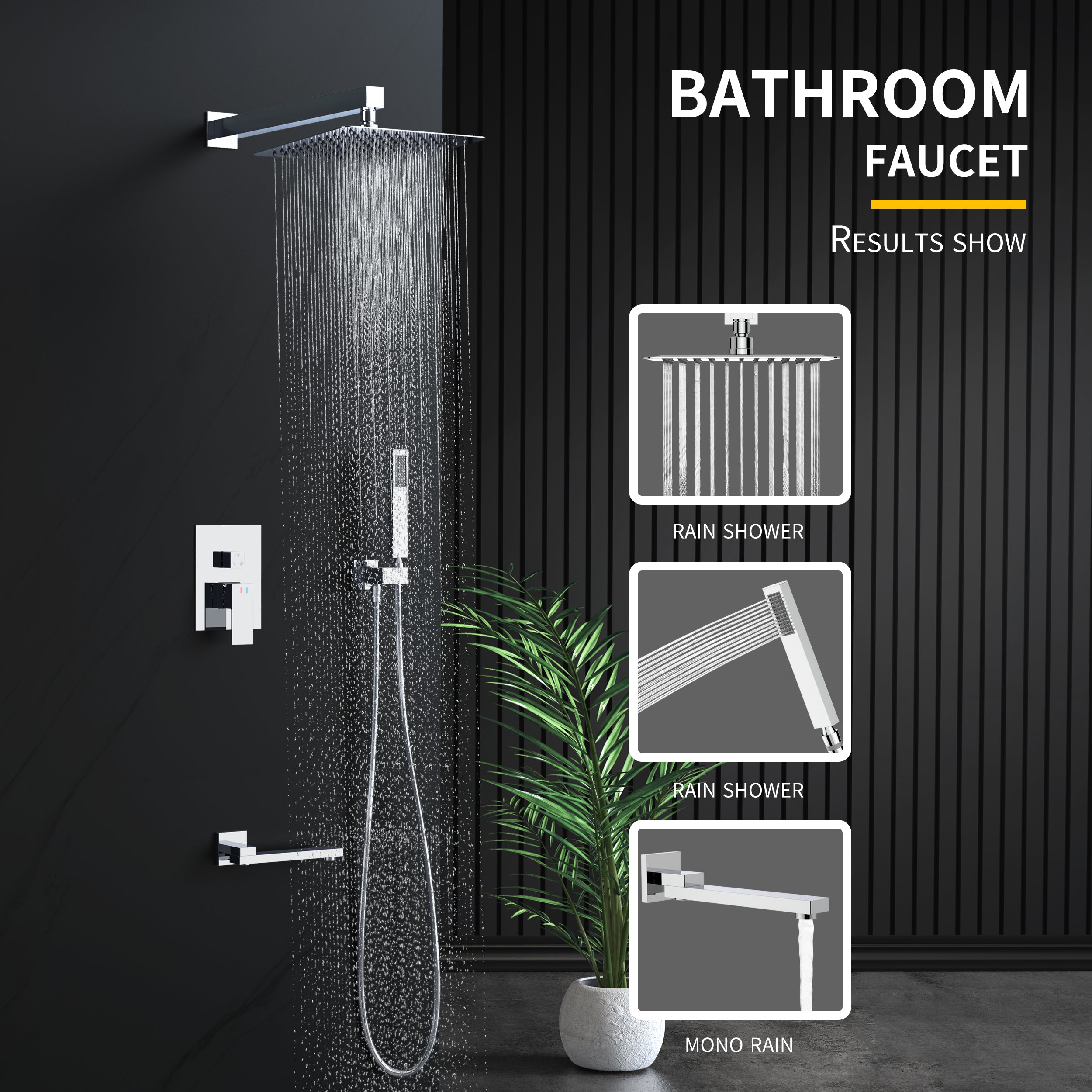 Wall-Mounted Square Shower System with Rough-in Valve,12 inch square large panel