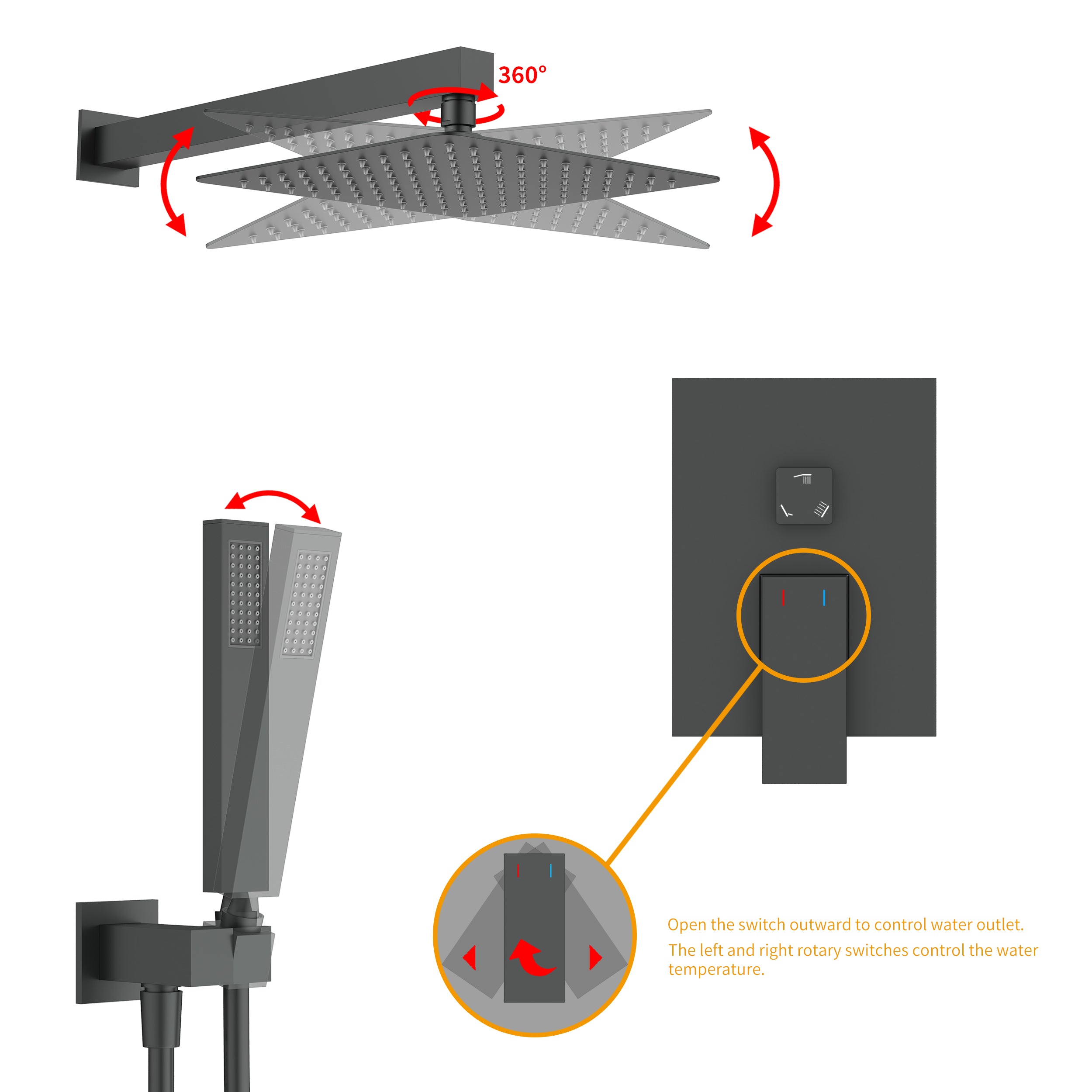 Wall-Mounted Square Shower System with Rough-in Valve,12 inch square large panel