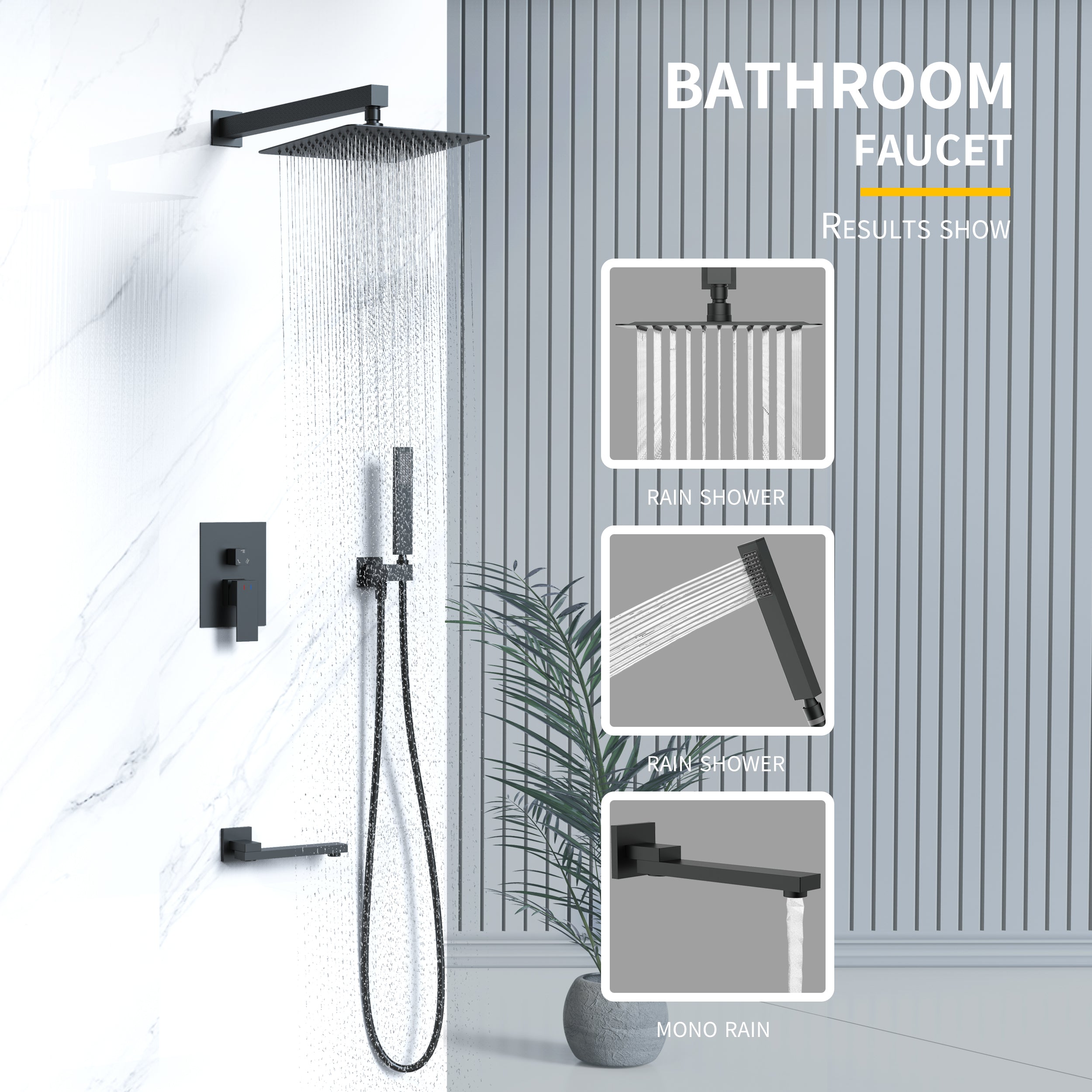 Wall-Mounted Square Shower System with Rough-in Valve,12 inch square large panel