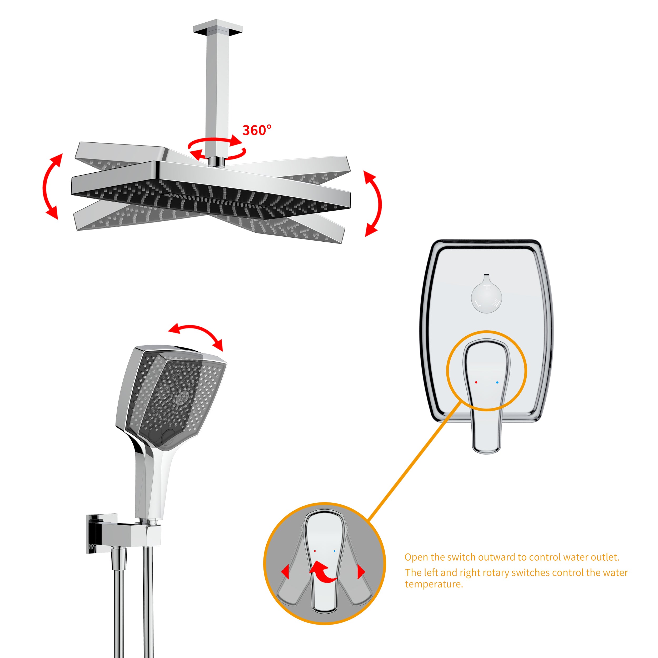 Wall-Mounted Square Shower System with Rough-in Valve,14 inch square large panel