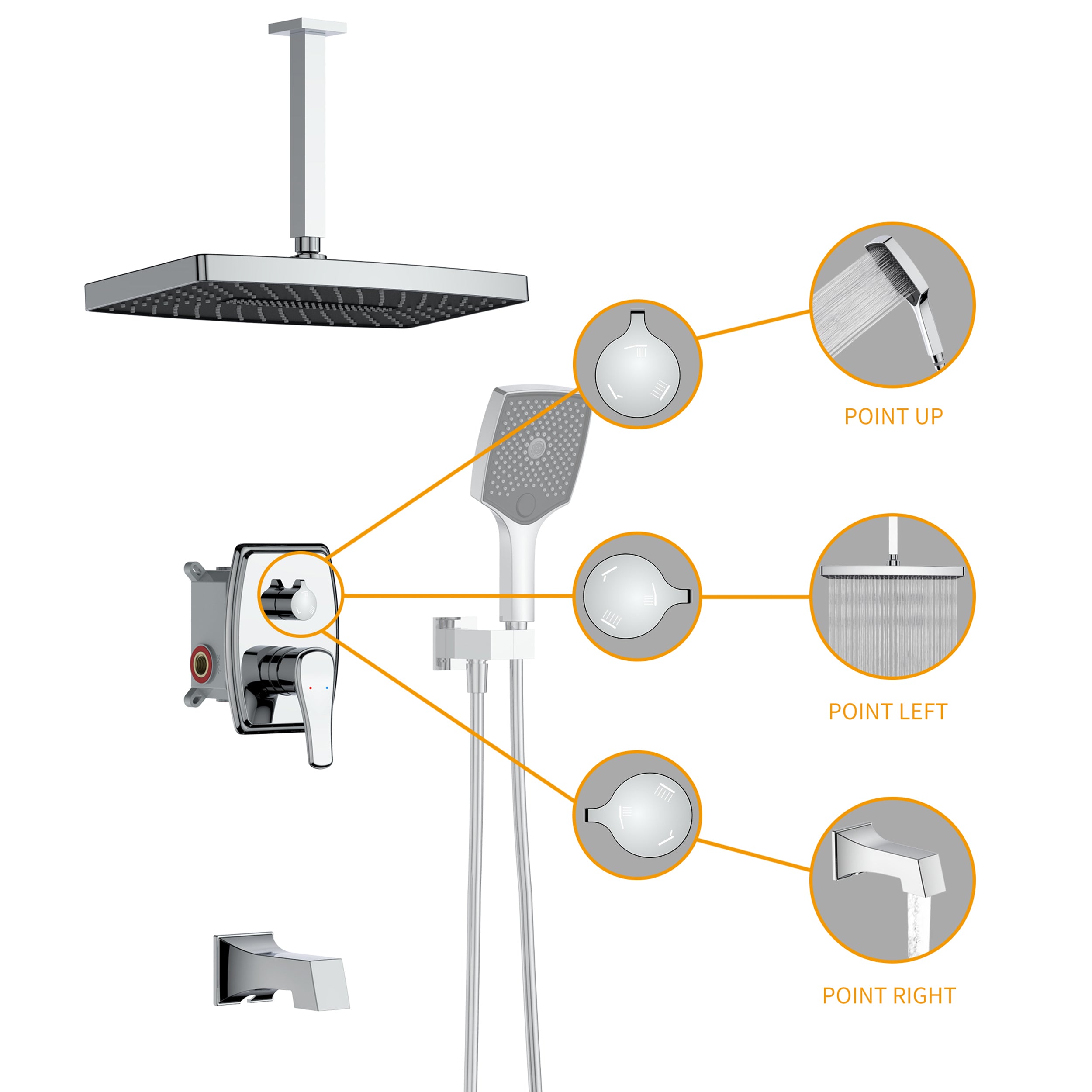 Wall-Mounted Square Shower System with Rough-in Valve,14 inch square large panel