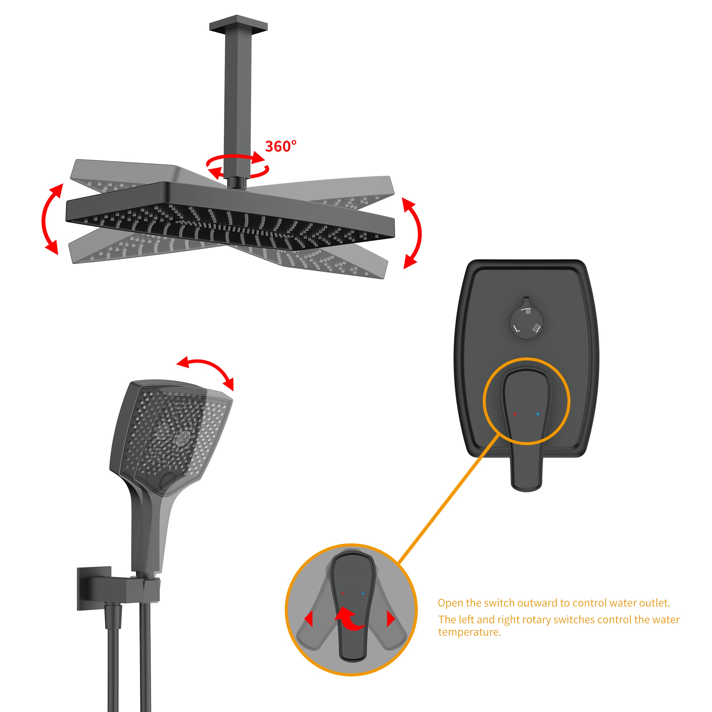 Wall-Mounted Square Shower System with Rough-in Valve,14 inch square large panel