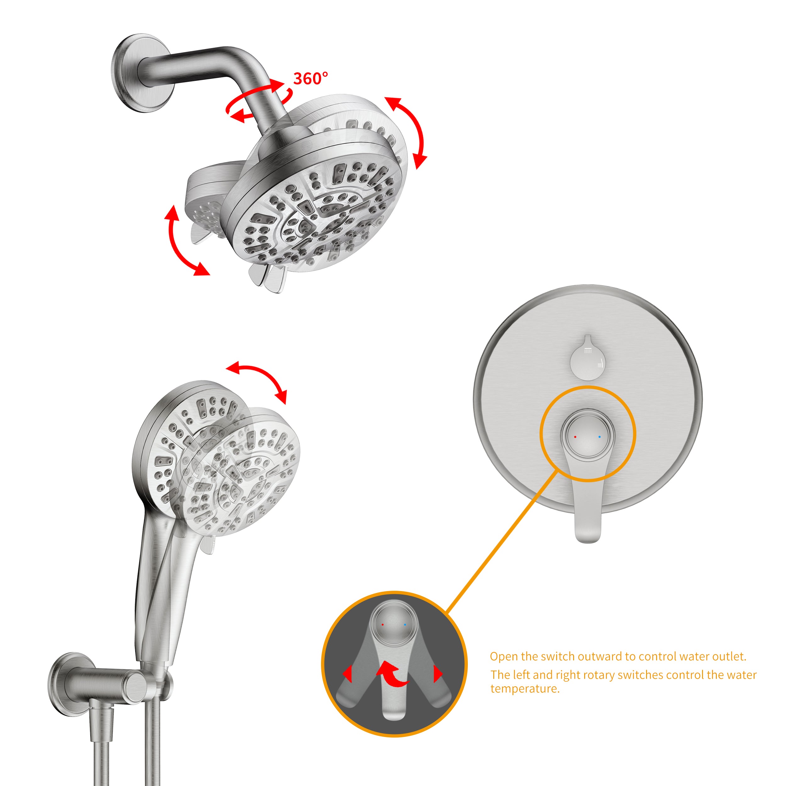 Wall-Mounted Round Shower System with Rough-in Valve,9-Function Hand Shower