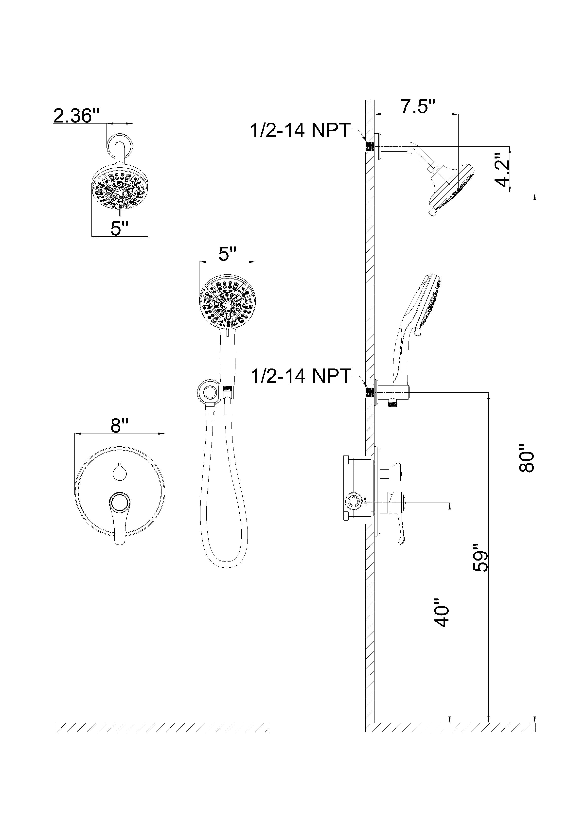 Wall-Mounted Round Shower System with Rough-in Valve,9-Function Hand Shower