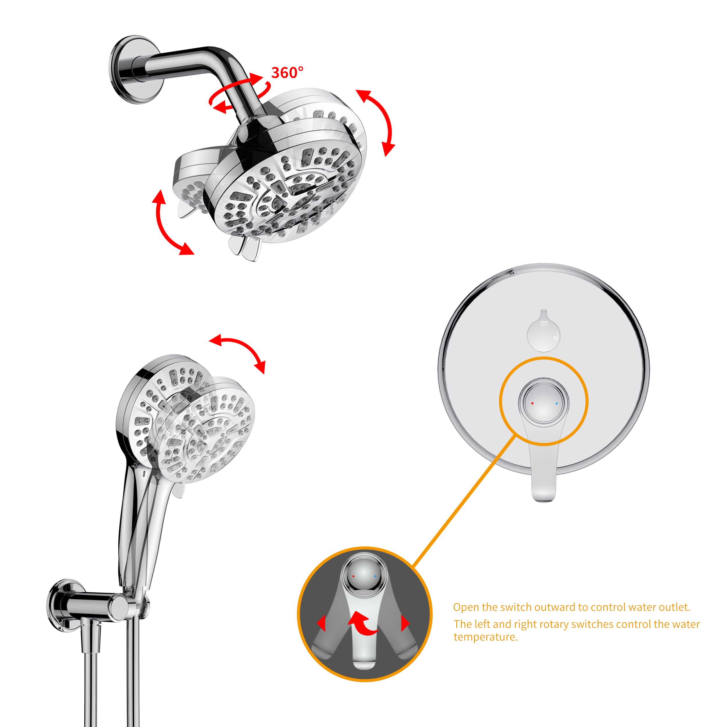 Wall-Mounted Round Shower System with Rough-in Valve,9-Function Hand Shower