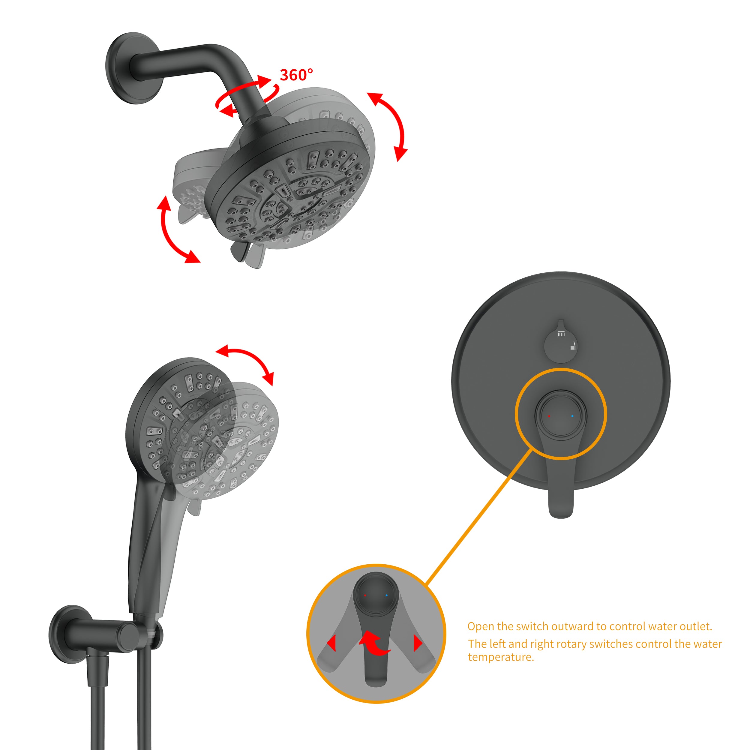 Wall-Mounted Round Shower System with Rough-in Valve,9-Function Hand Shower