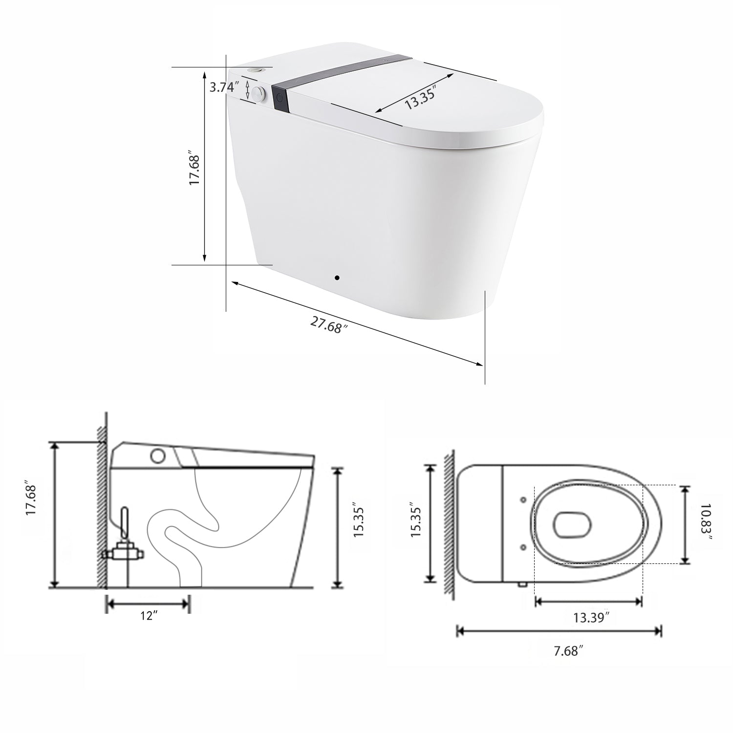 12 inch 1.28 GPF Vortex Siphonic U-shaped Smart Toilet in White Seat Included