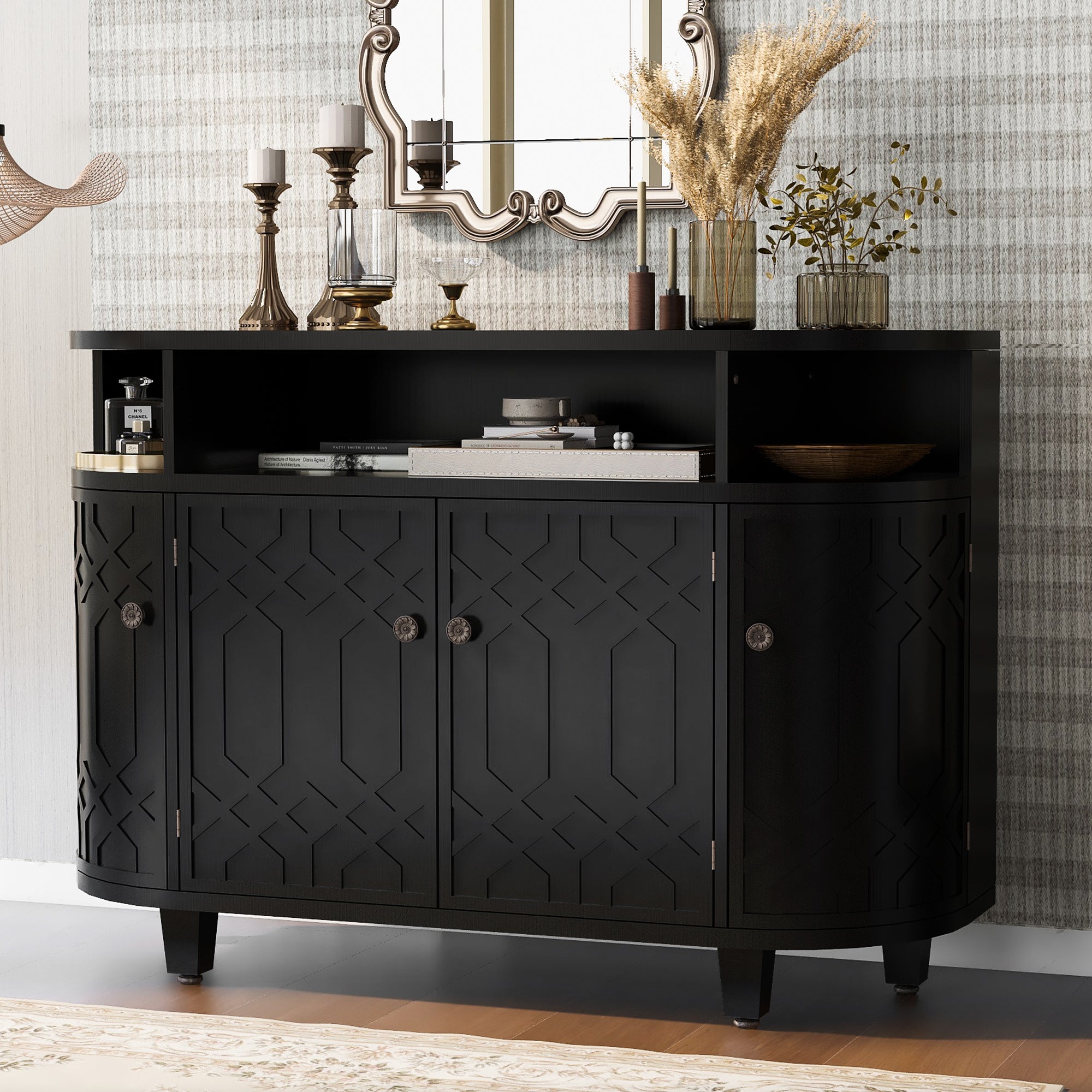 31.9" Tall MDF 4-door Curved Design Storage Cabinet