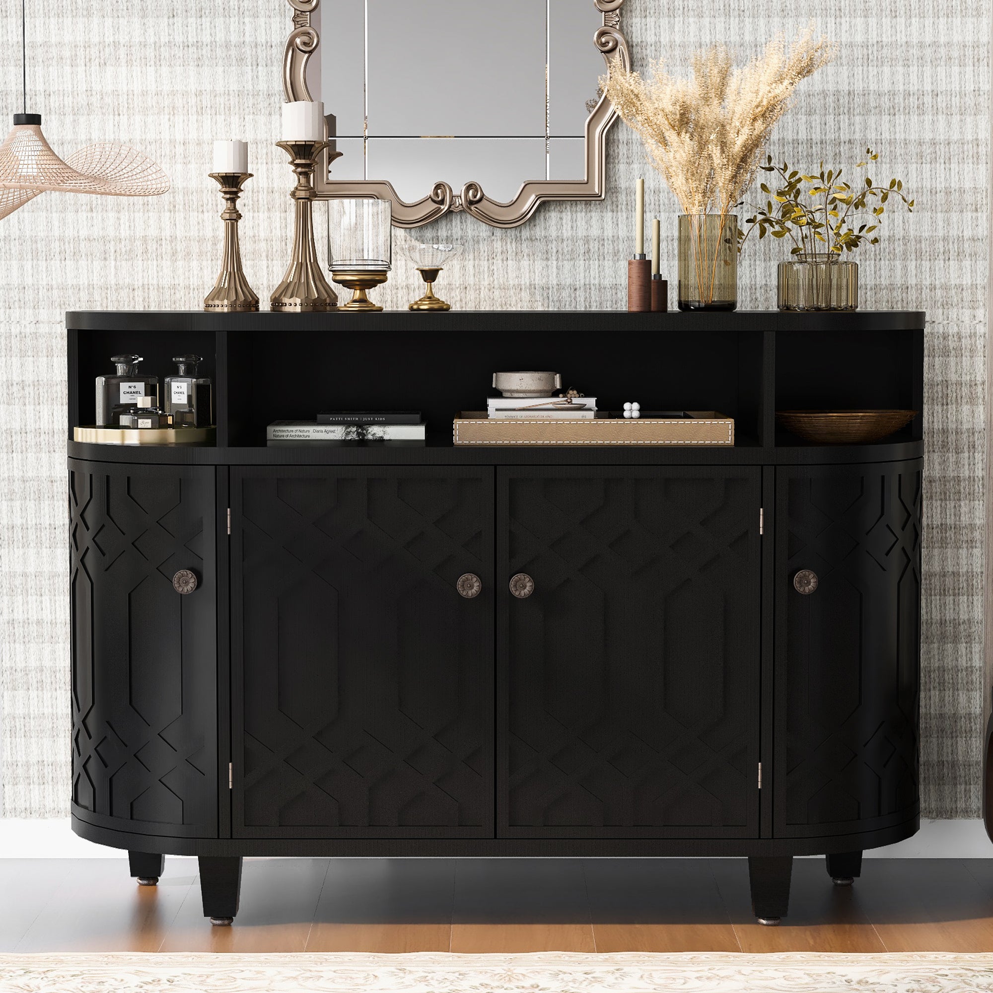 31.9" Tall MDF 4-door Curved Design Storage Cabinet
