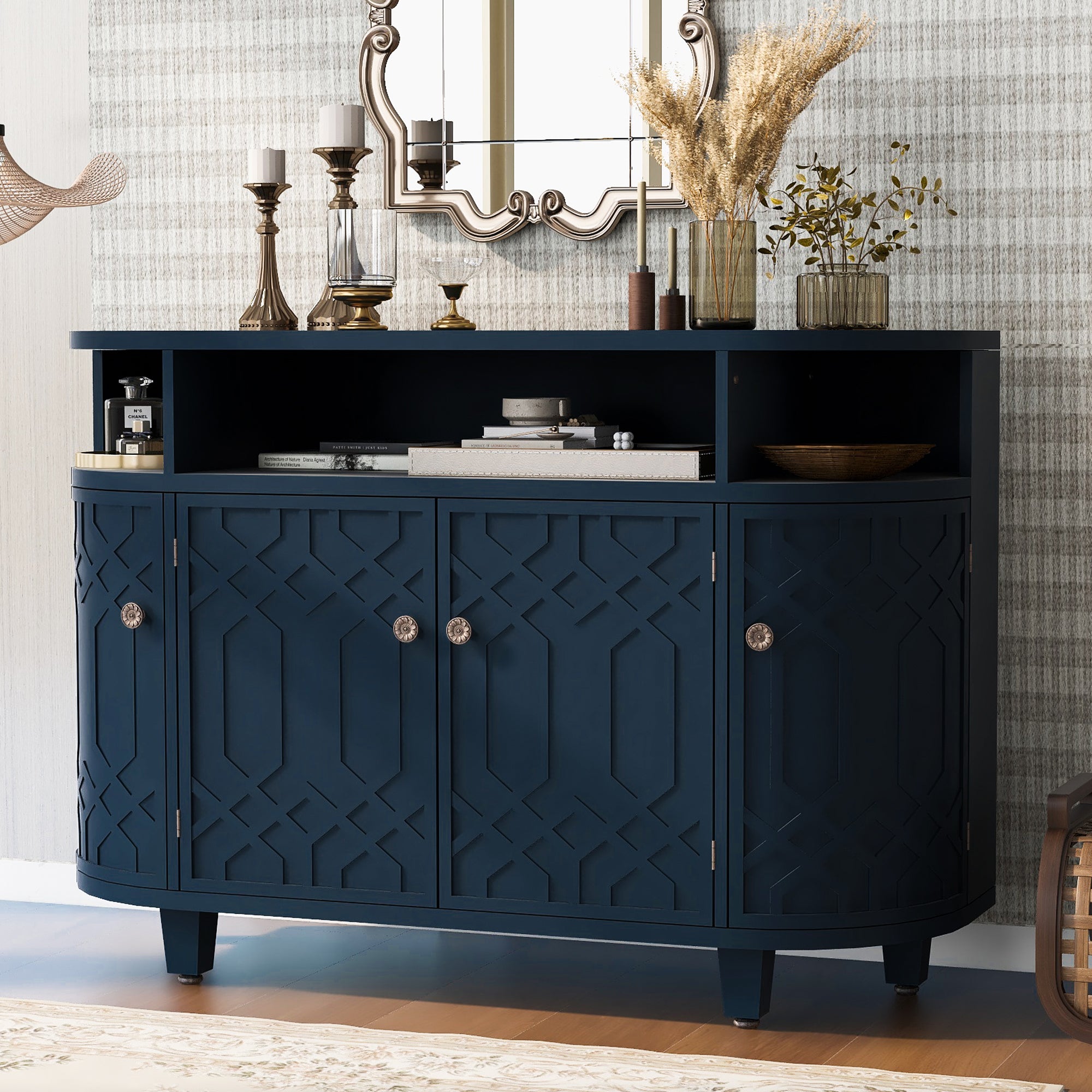 31.9" Tall MDF 4-door Curved Design Storage Cabinet