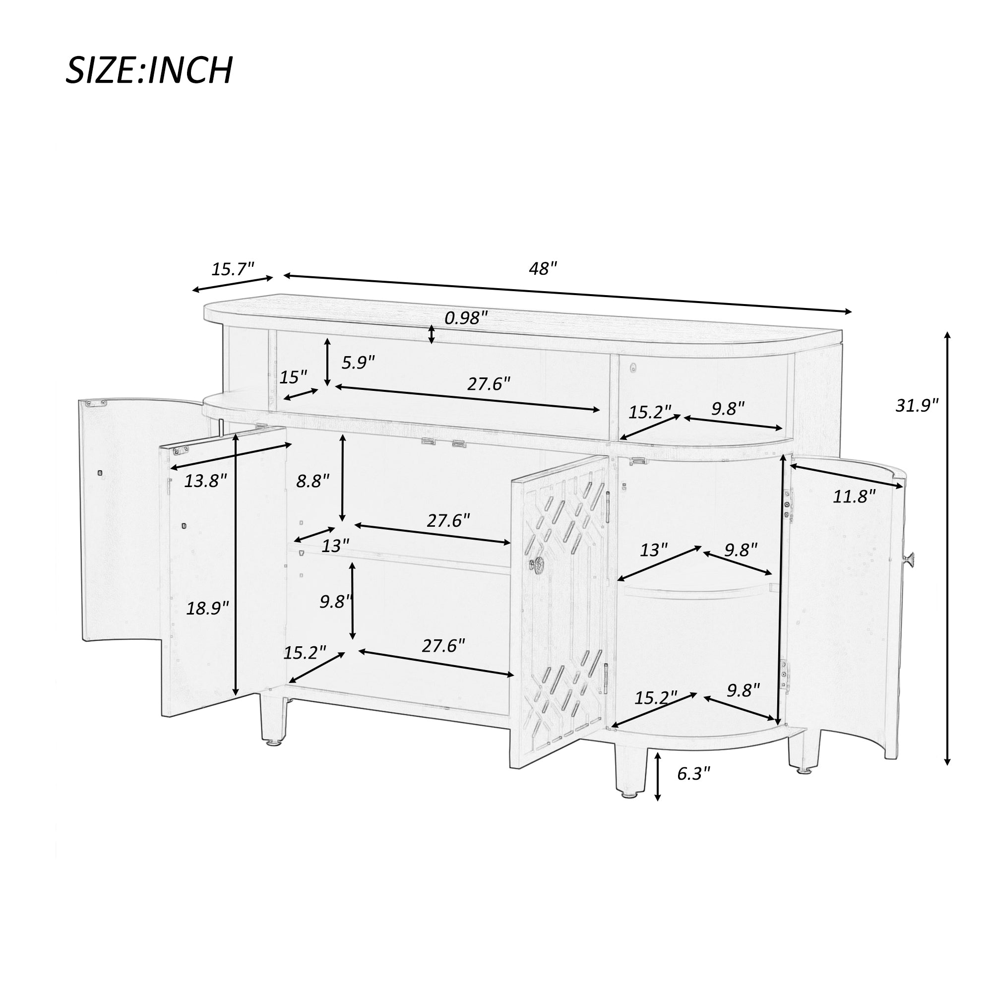 31.9" Tall MDF 4-door Curved Design Storage Cabinet