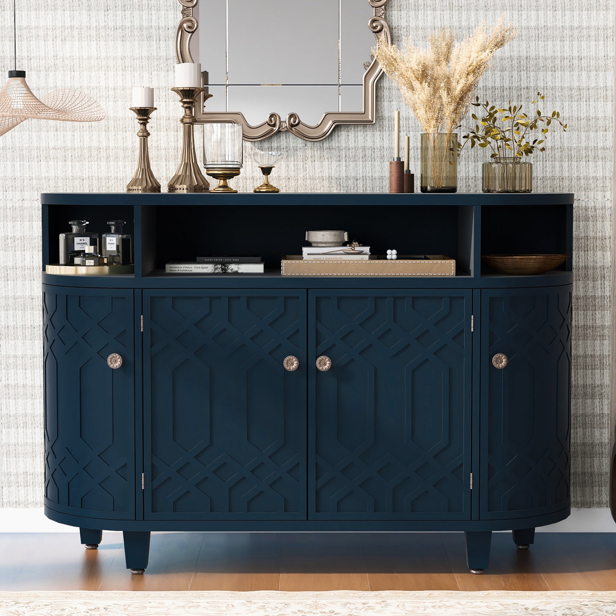 31.9" Tall MDF 4-door Curved Design Storage Cabinet