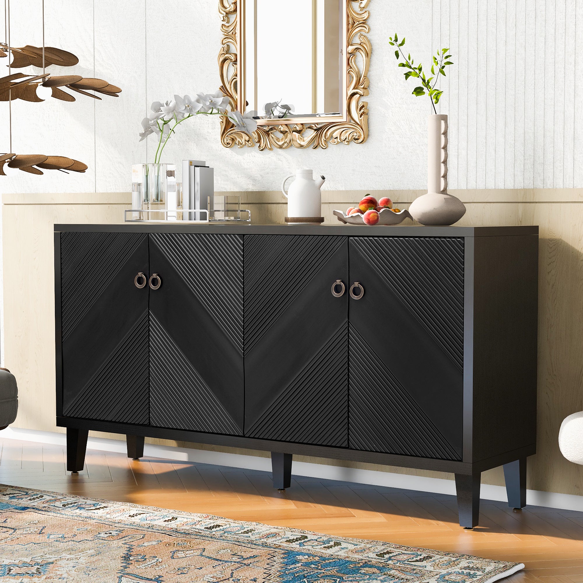 32" Tall MDF 4-door Accent Cabinet with Fraxinus Mandschuric Solid Wood Veneer