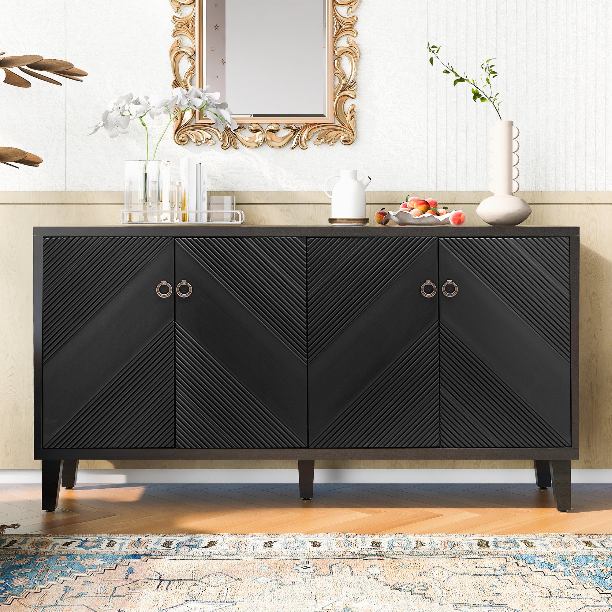 32" Tall MDF 4-door Accent Cabinet with Fraxinus Mandschuric Solid Wood Veneer