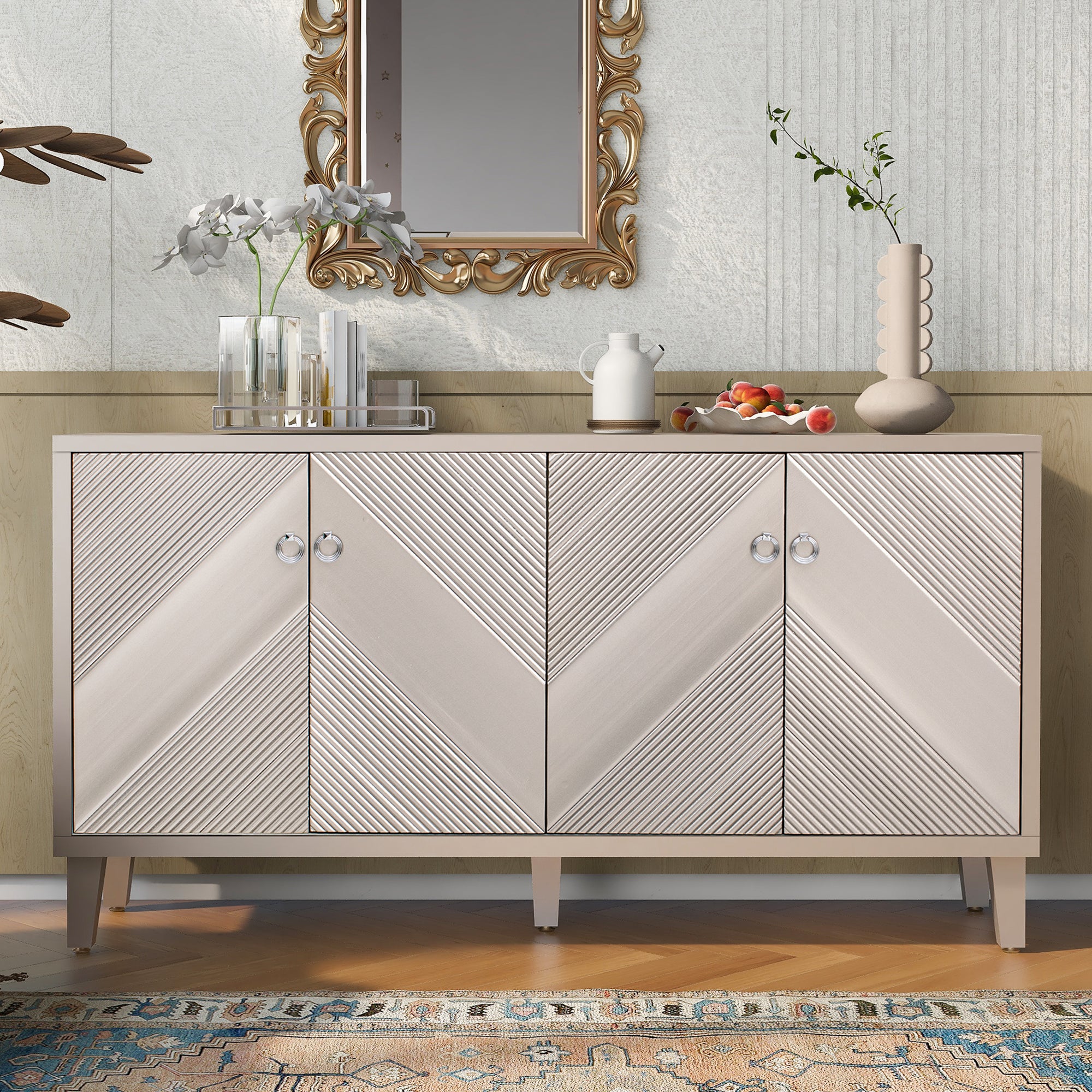 32" Tall MDF 4-door Accent Cabinet with Fraxinus Mandschuric Solid Wood Veneer
