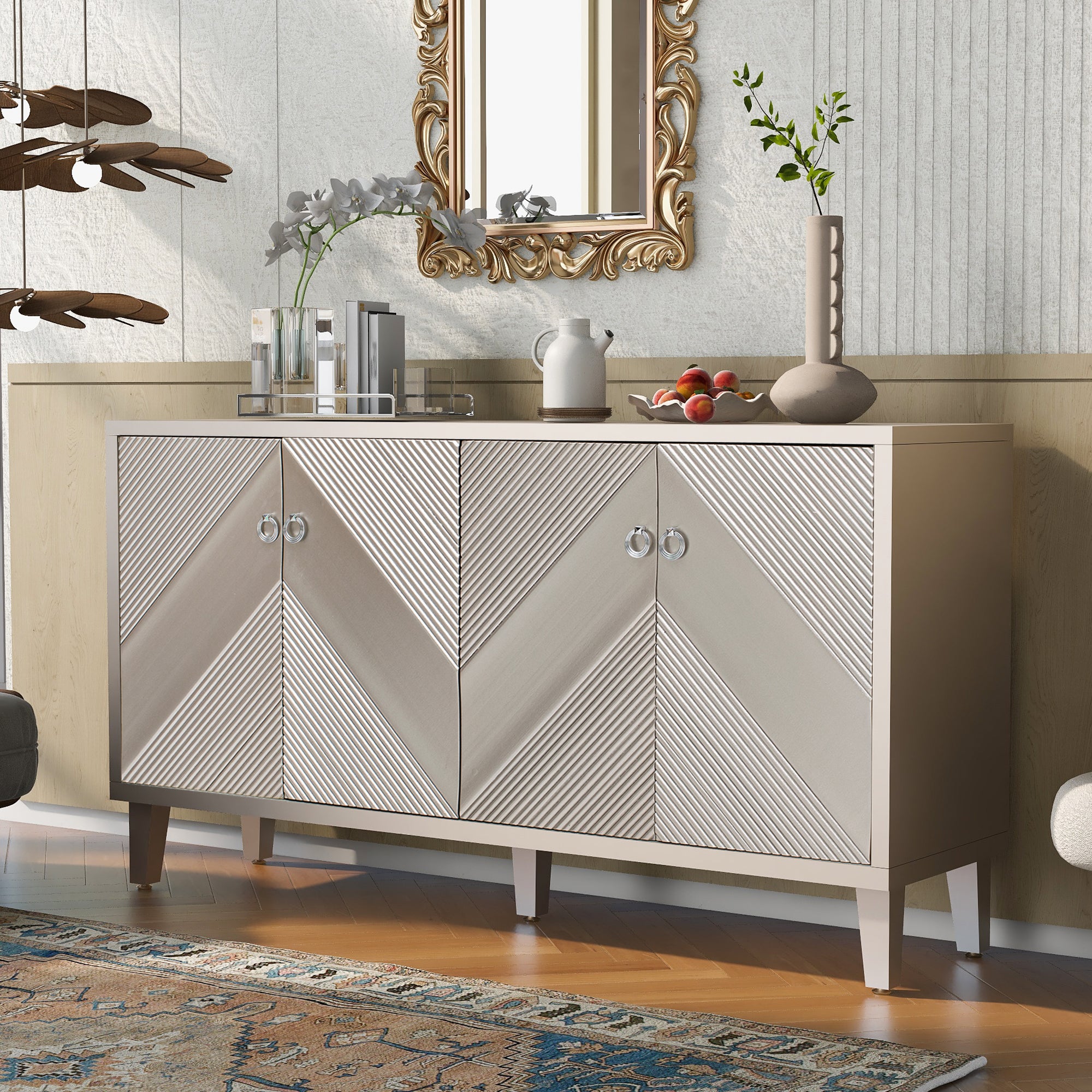 32" Tall MDF 4-door Accent Cabinet with Fraxinus Mandschuric Solid Wood Veneer