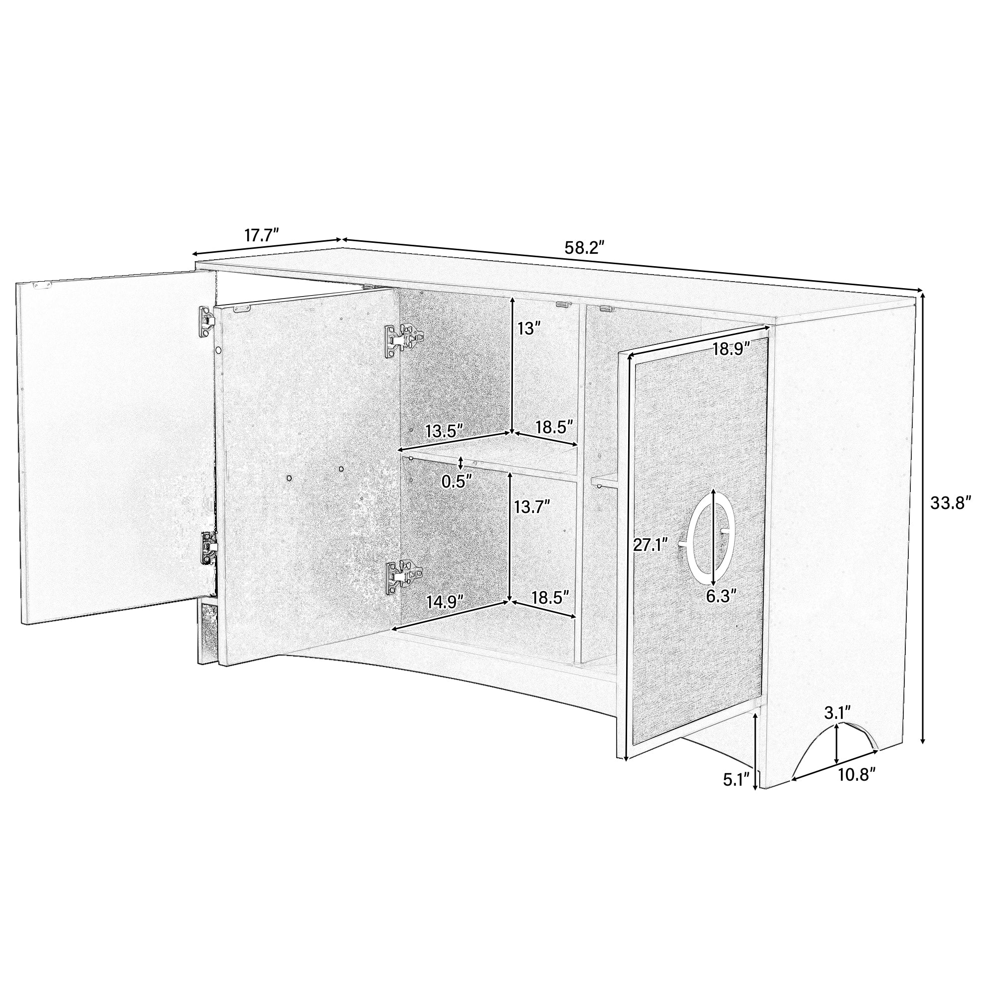 34" Tall MDF 3-door Curved Design Storage Cabinet