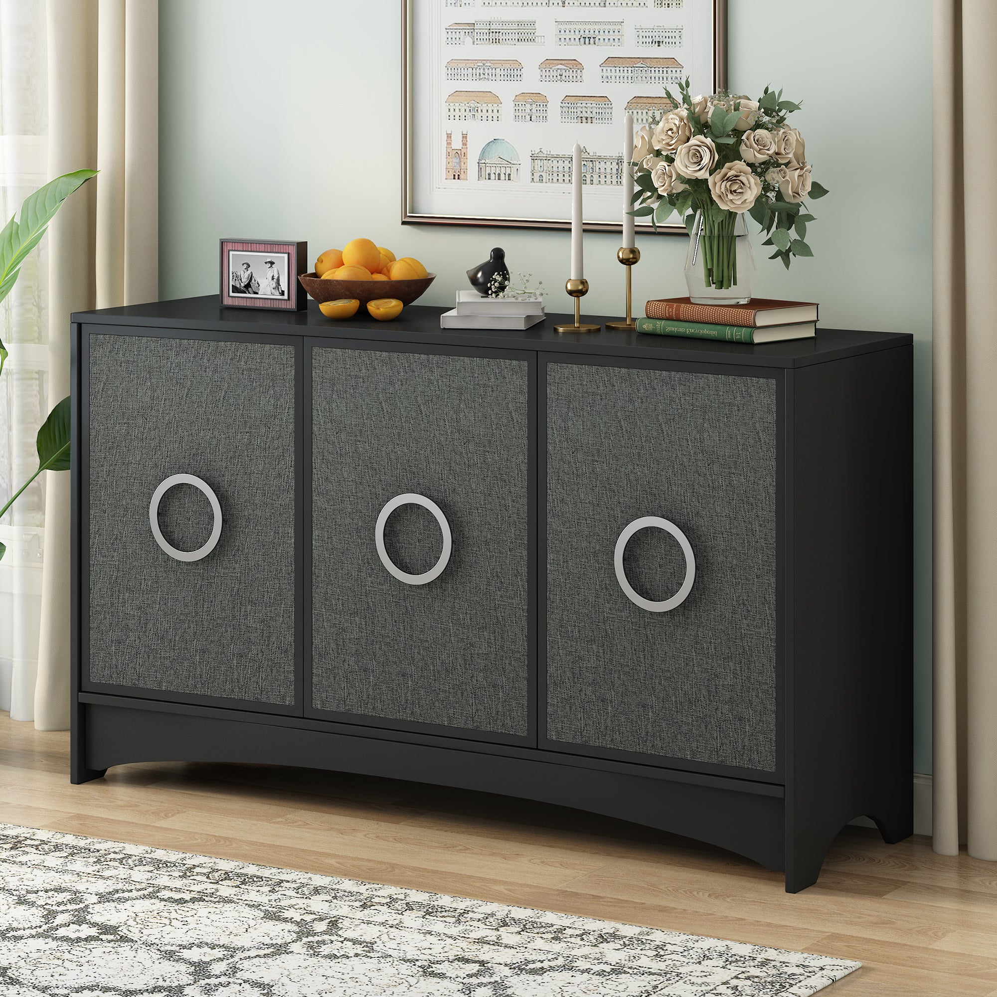 34" Tall MDF 3-door Curved Design Storage Cabinet