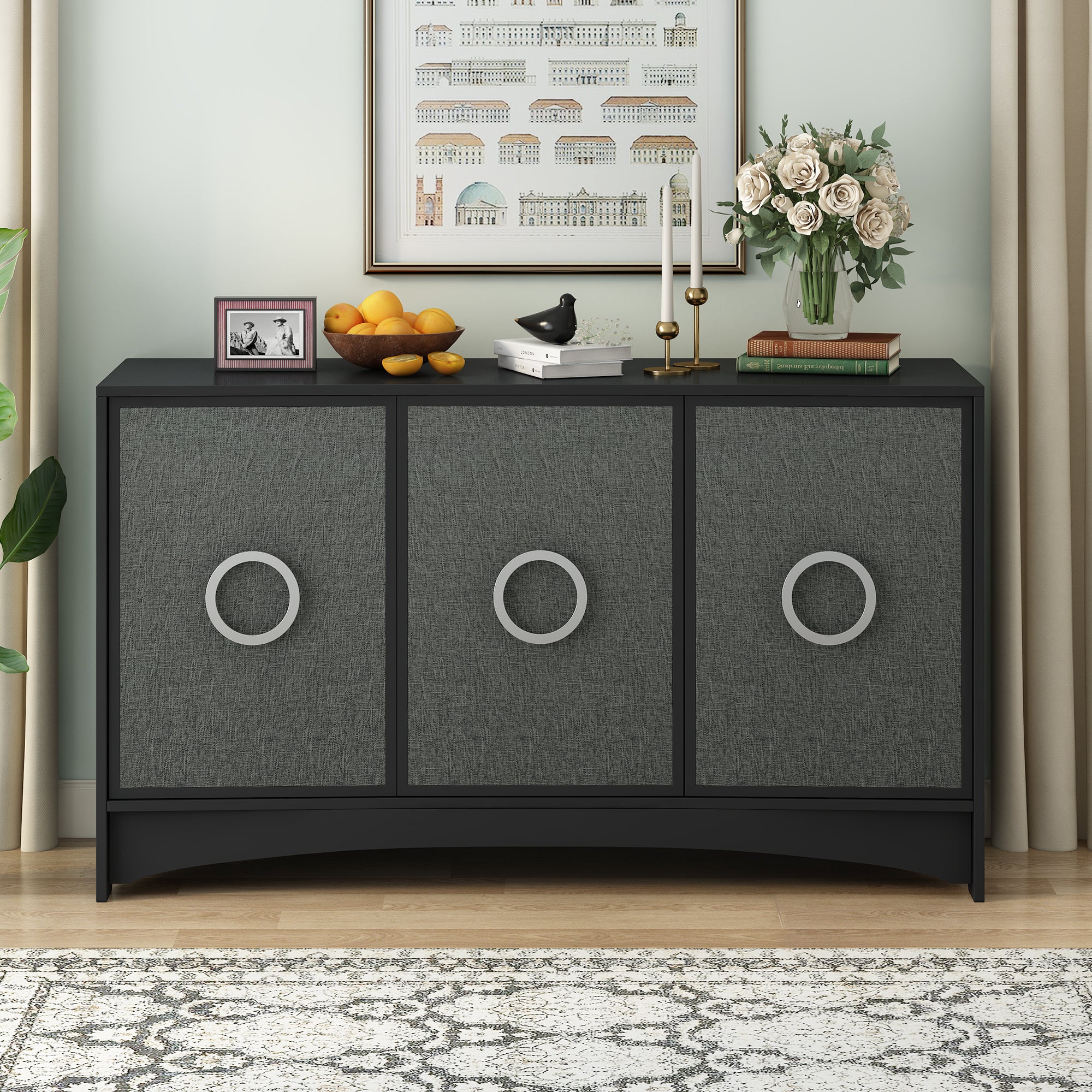 34" Tall MDF 3-door Curved Design Storage Cabinet