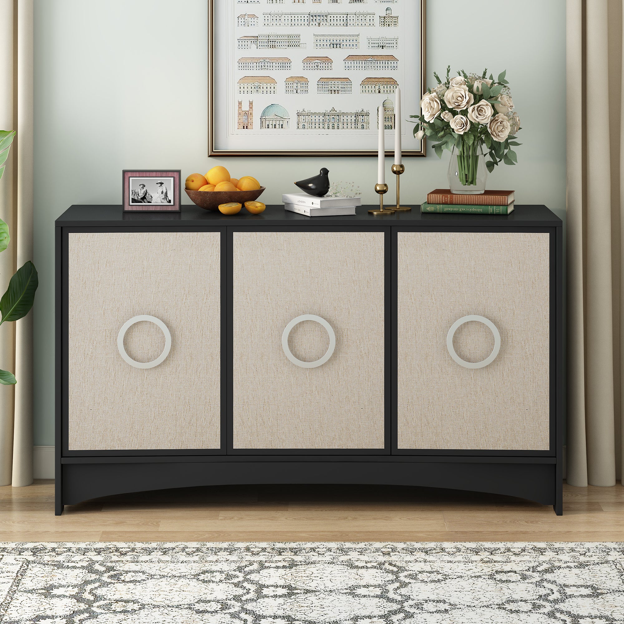 34" Tall MDF 3-door Curved Design Storage Cabinet