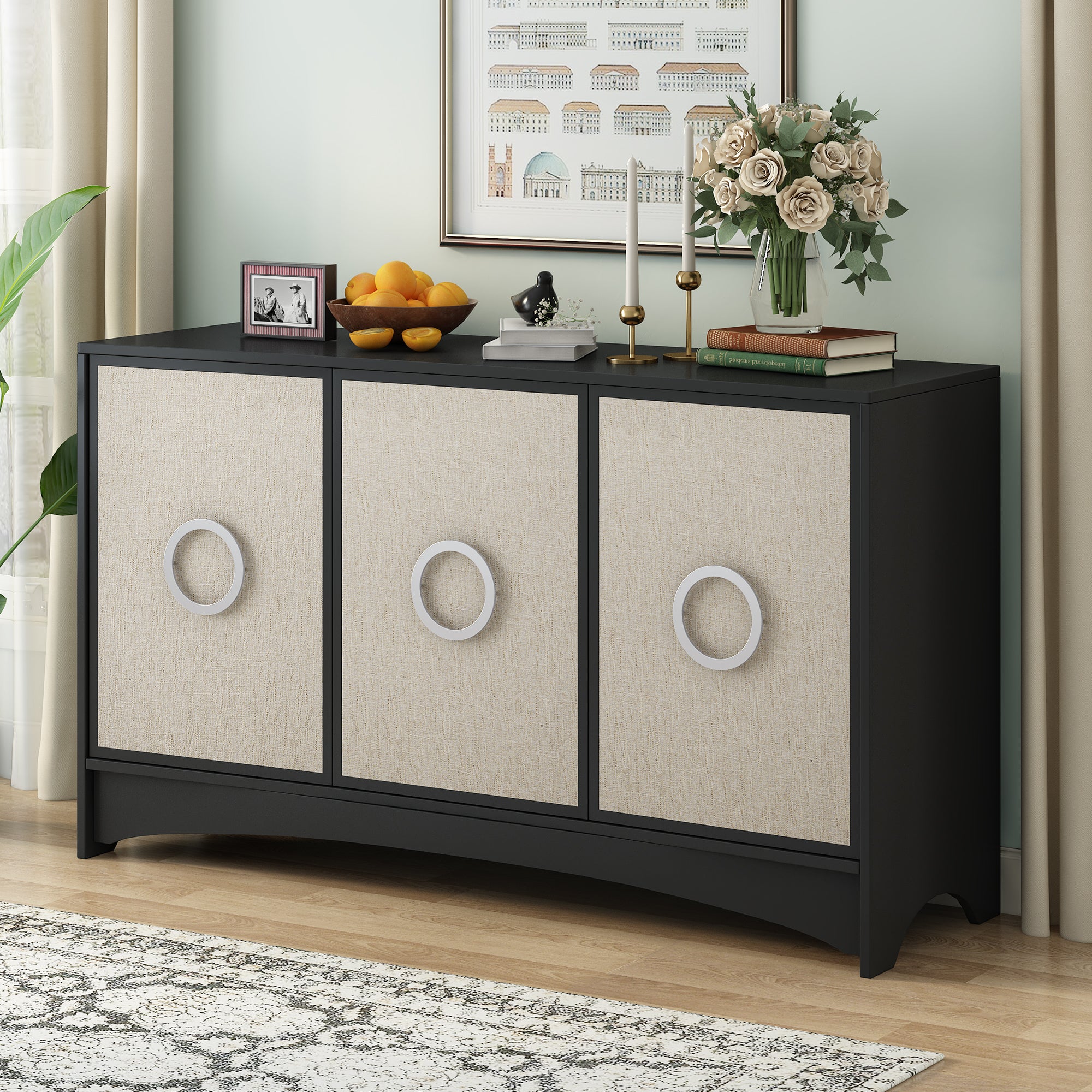 34" Tall MDF 3-door Curved Design Storage Cabinet