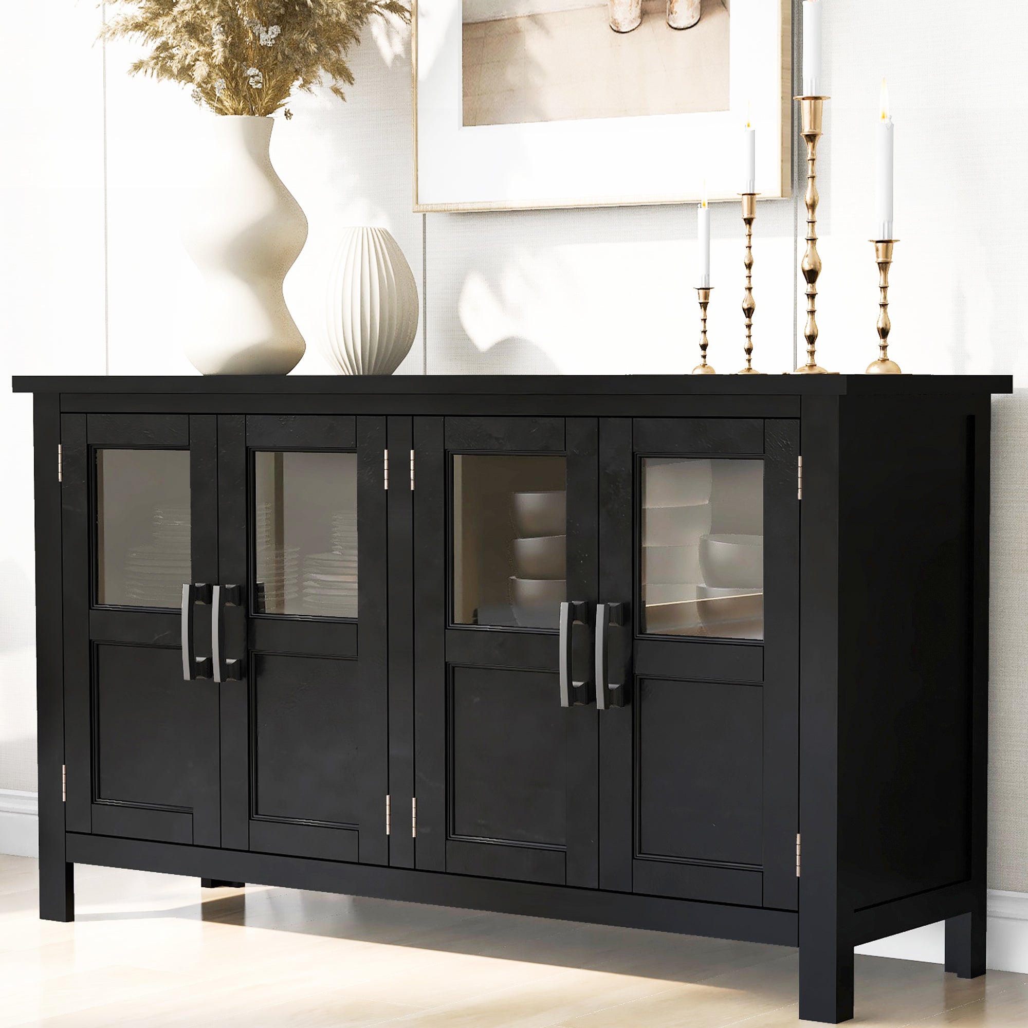34" Tall MDF 4-door Accent Cabinet with Adjustable Shelf and Metal Handles