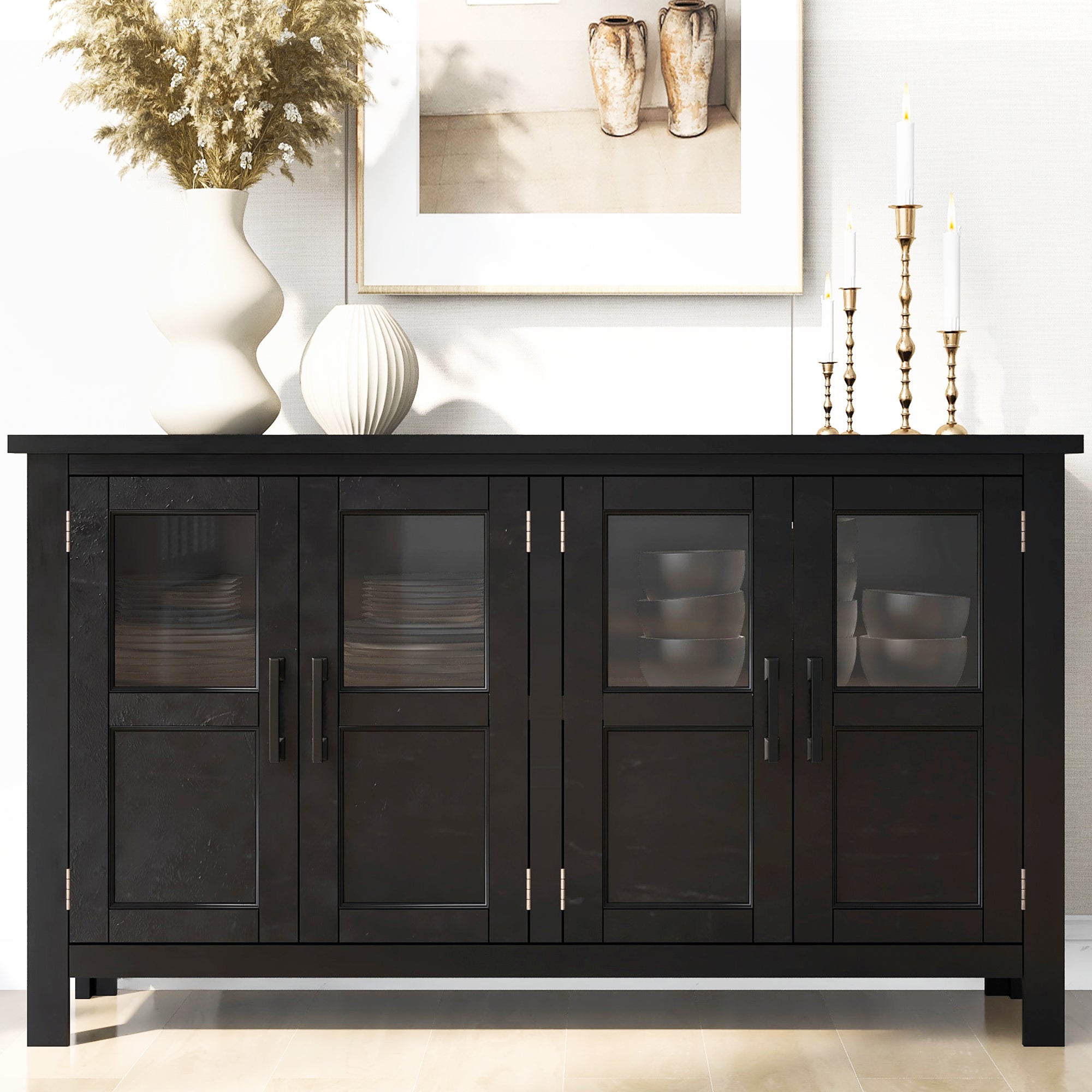 34" Tall MDF 4-door Accent Cabinet with Adjustable Shelf and Metal Handles