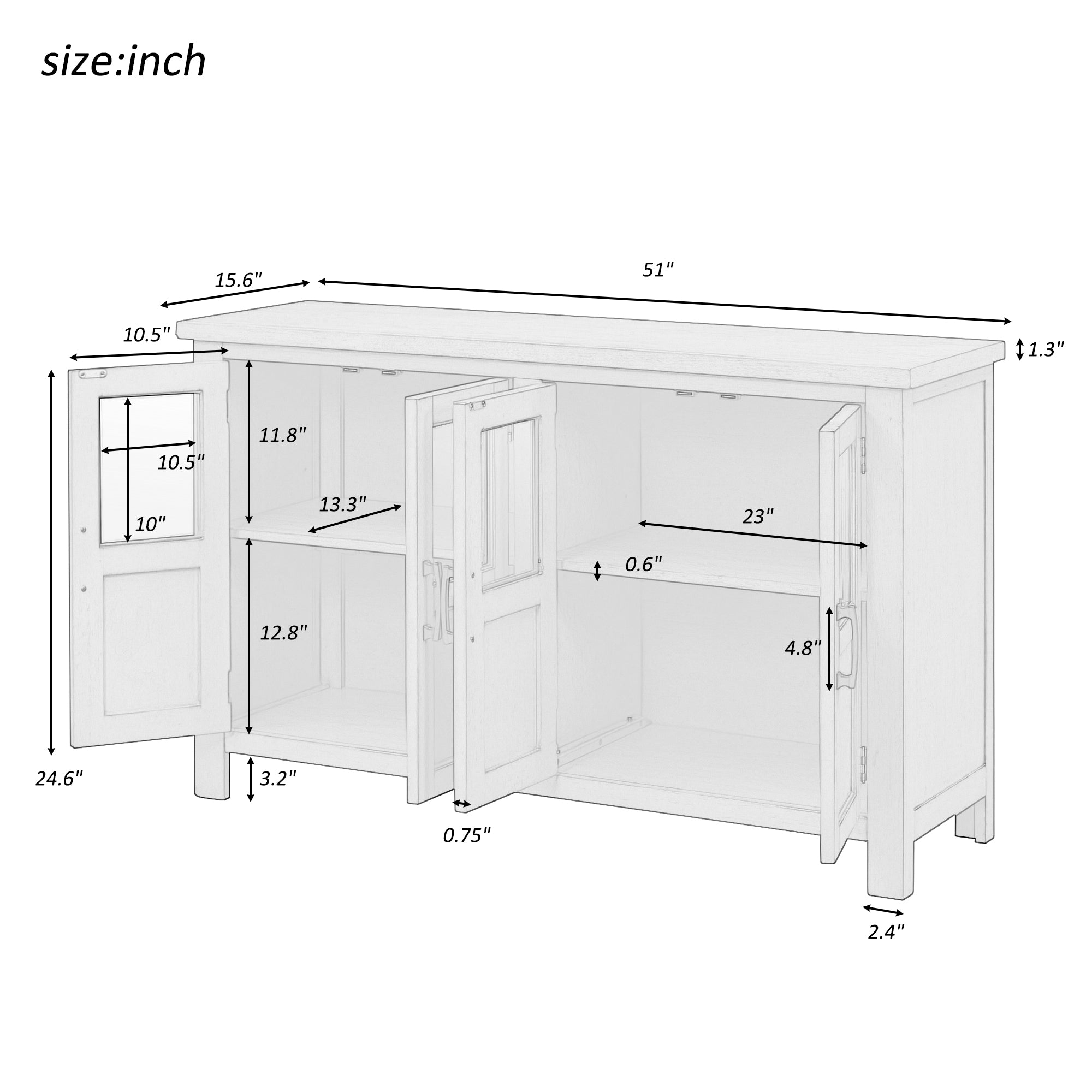 34" Tall MDF 4-door Accent Cabinet with Adjustable Shelf and Metal Handles