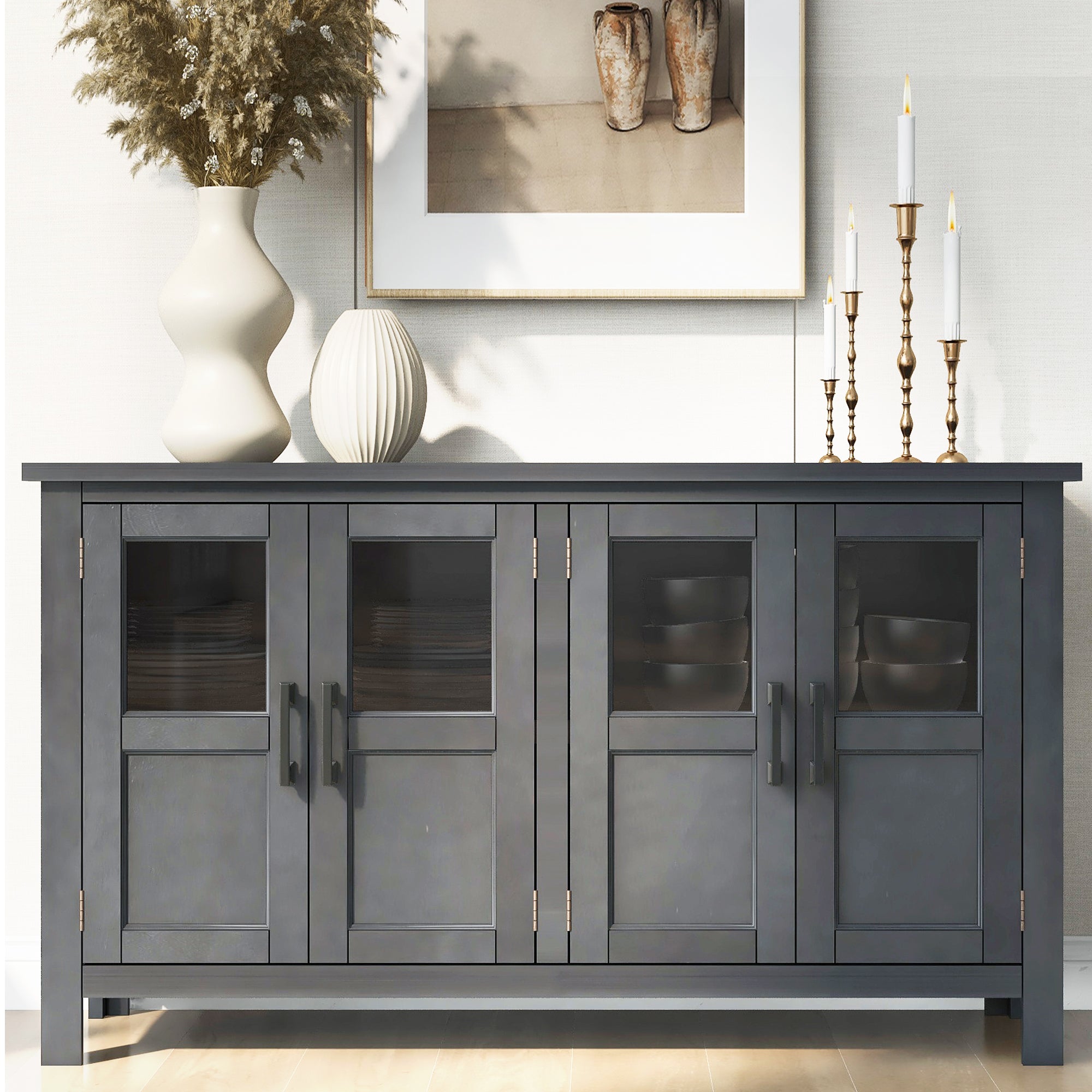 34" Tall MDF 4-door Accent Cabinet with Adjustable Shelf and Metal Handles