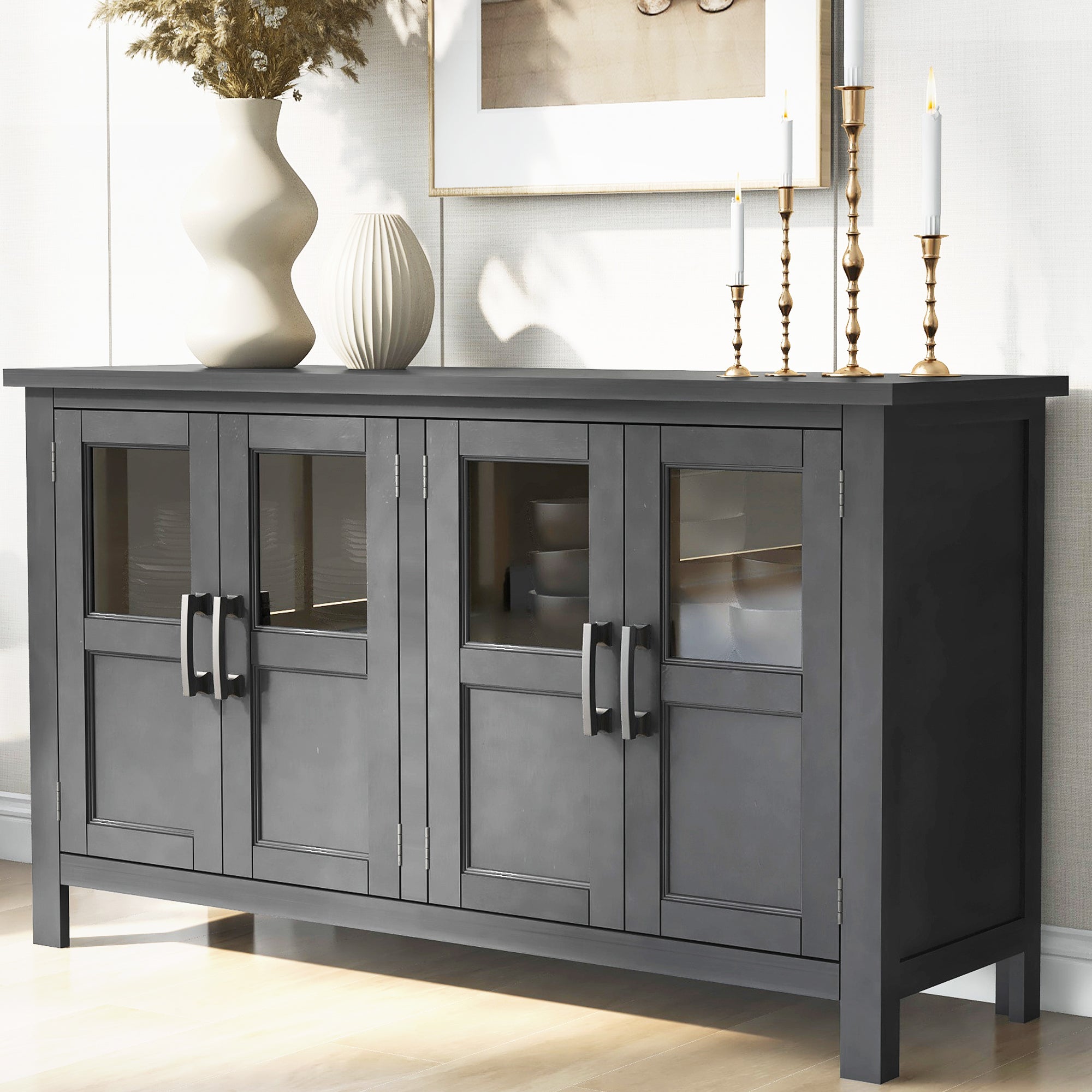 34" Tall MDF 4-door Accent Cabinet with Adjustable Shelf and Metal Handles