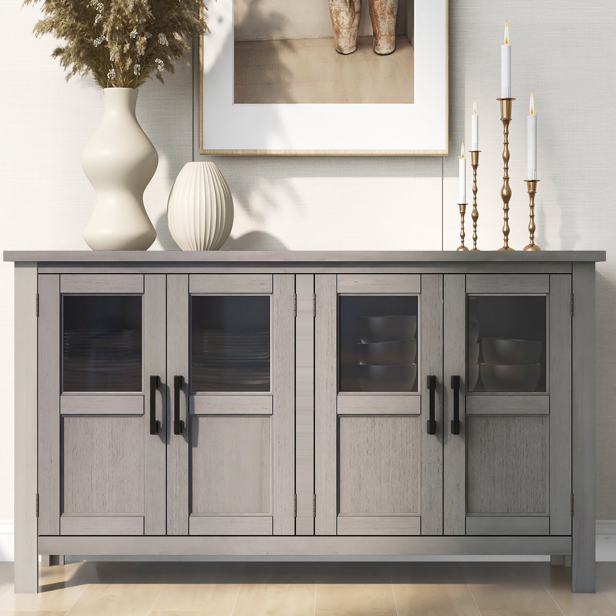 34" Tall MDF 4-door Accent Cabinet with Adjustable Shelf and Metal Handles