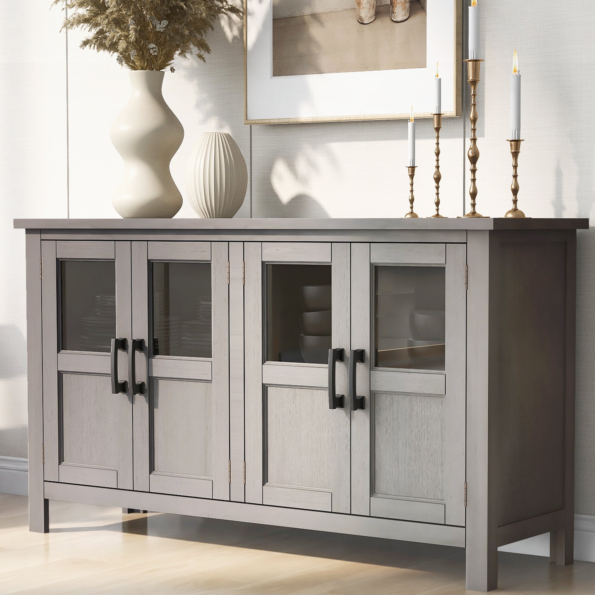 34" Tall MDF 4-door Accent Cabinet with Adjustable Shelf and Metal Handles