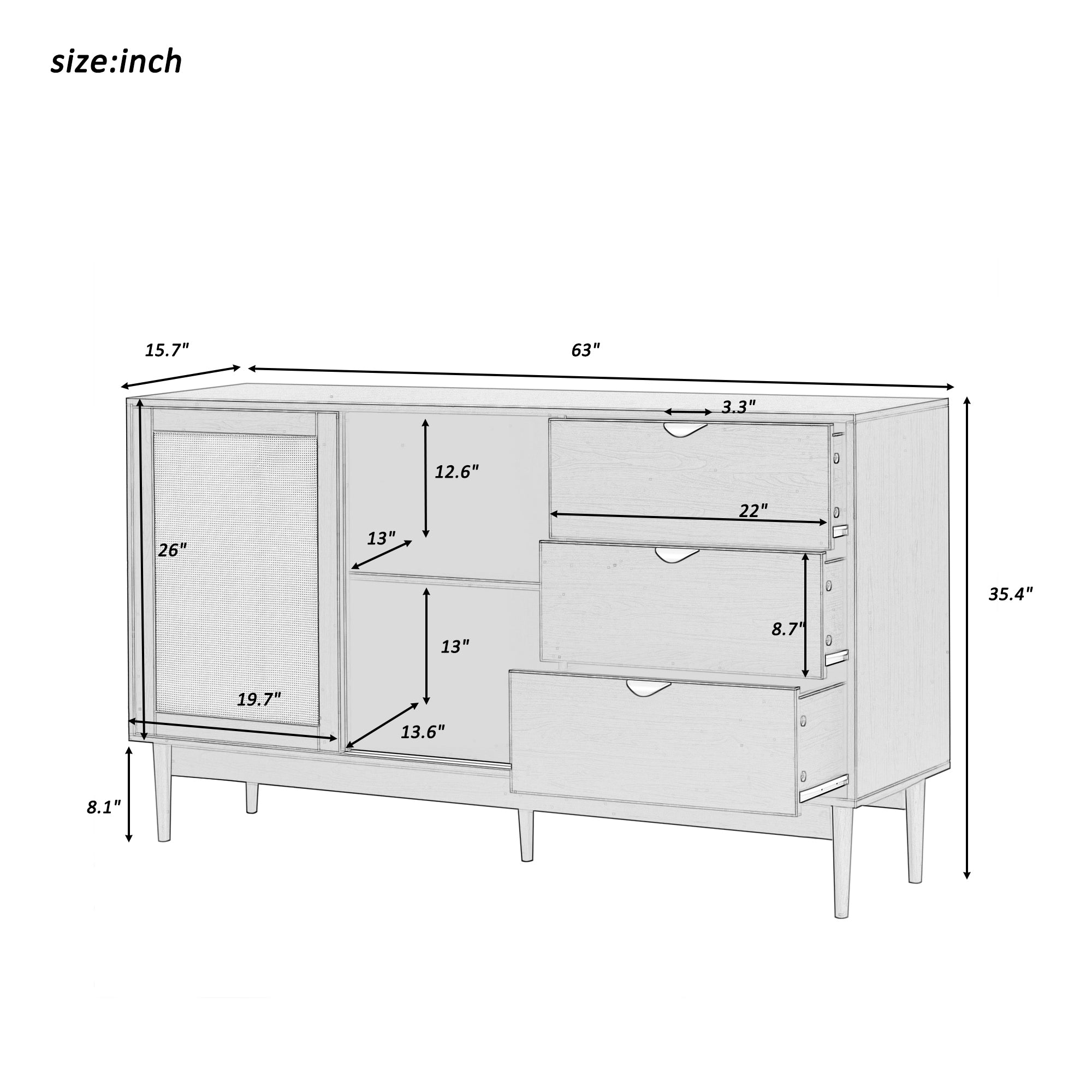 35" Tall MDF 2-door Storage Cabinet with Three Drawers and Metal Handles