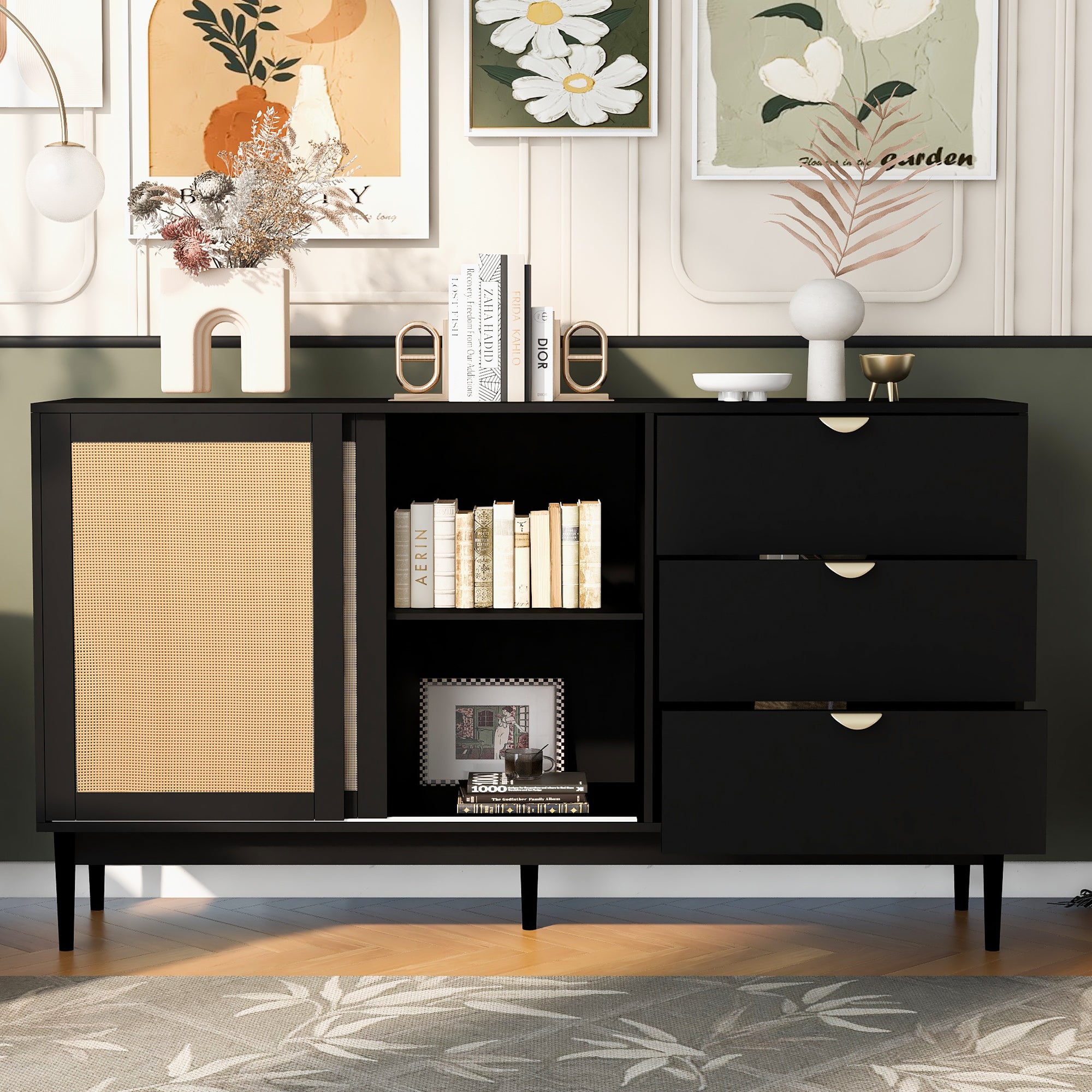 35" Tall MDF 2-door Storage Cabinet with Three Drawers and Metal Handles